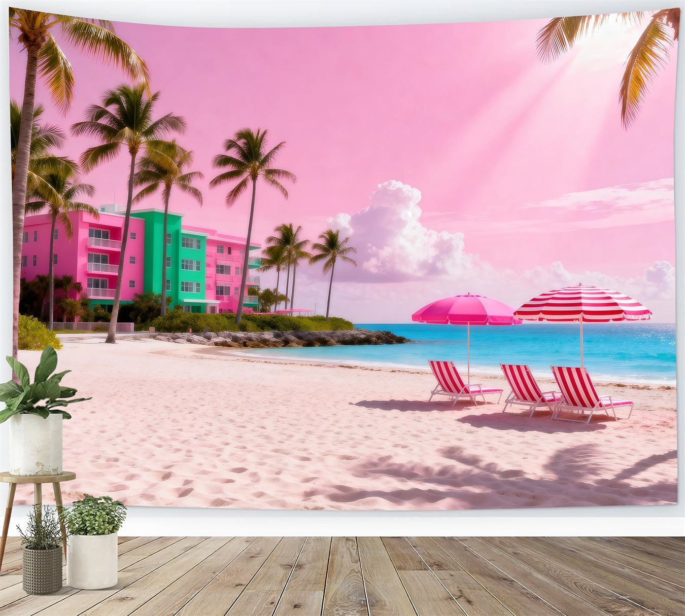 Beach Themed Photo Backdrop Pink Ocean Umbrella Retreat Summer Backdrop UK RR61-16
