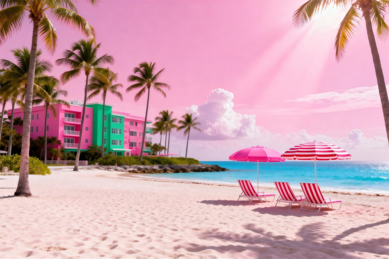 Beach Themed Photo Backdrop Pink Ocean Umbrella Retreat Summer Backdrop UK RR61-16