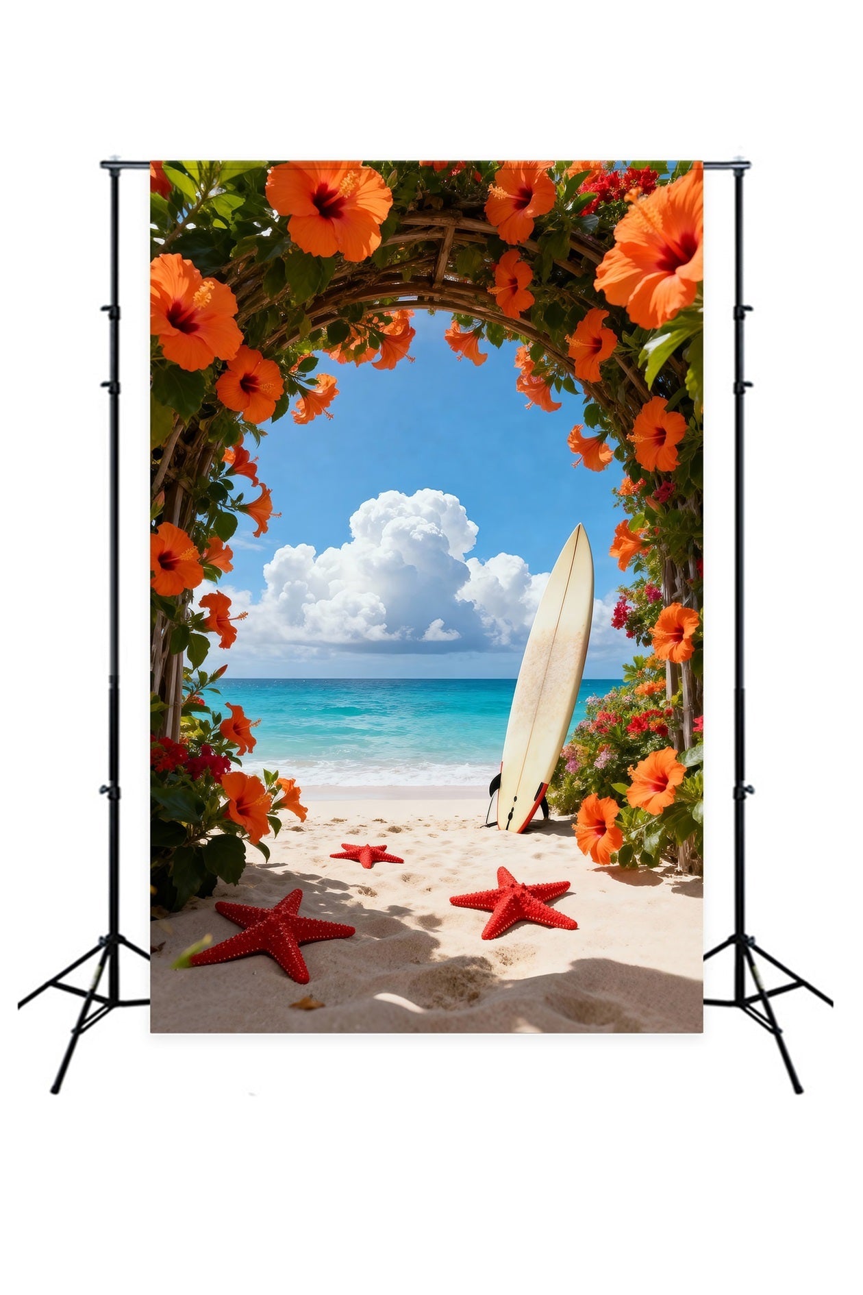 Tropical Beach Photo Backdrop Flower Arch Starfish Path Summer Backdrop UK RR61-17
