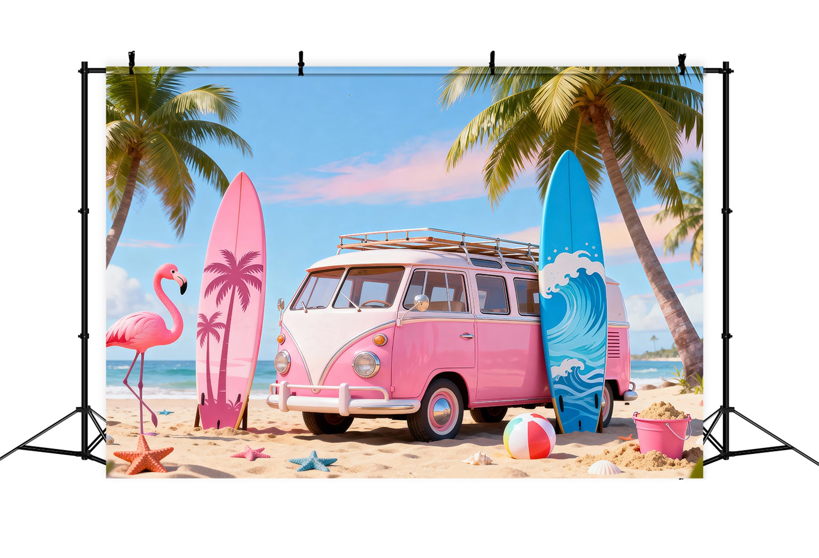 Beach Scene Backdrops Pink Van Flamingo Surfboard Summer Photo Backdrop UK RR61-19