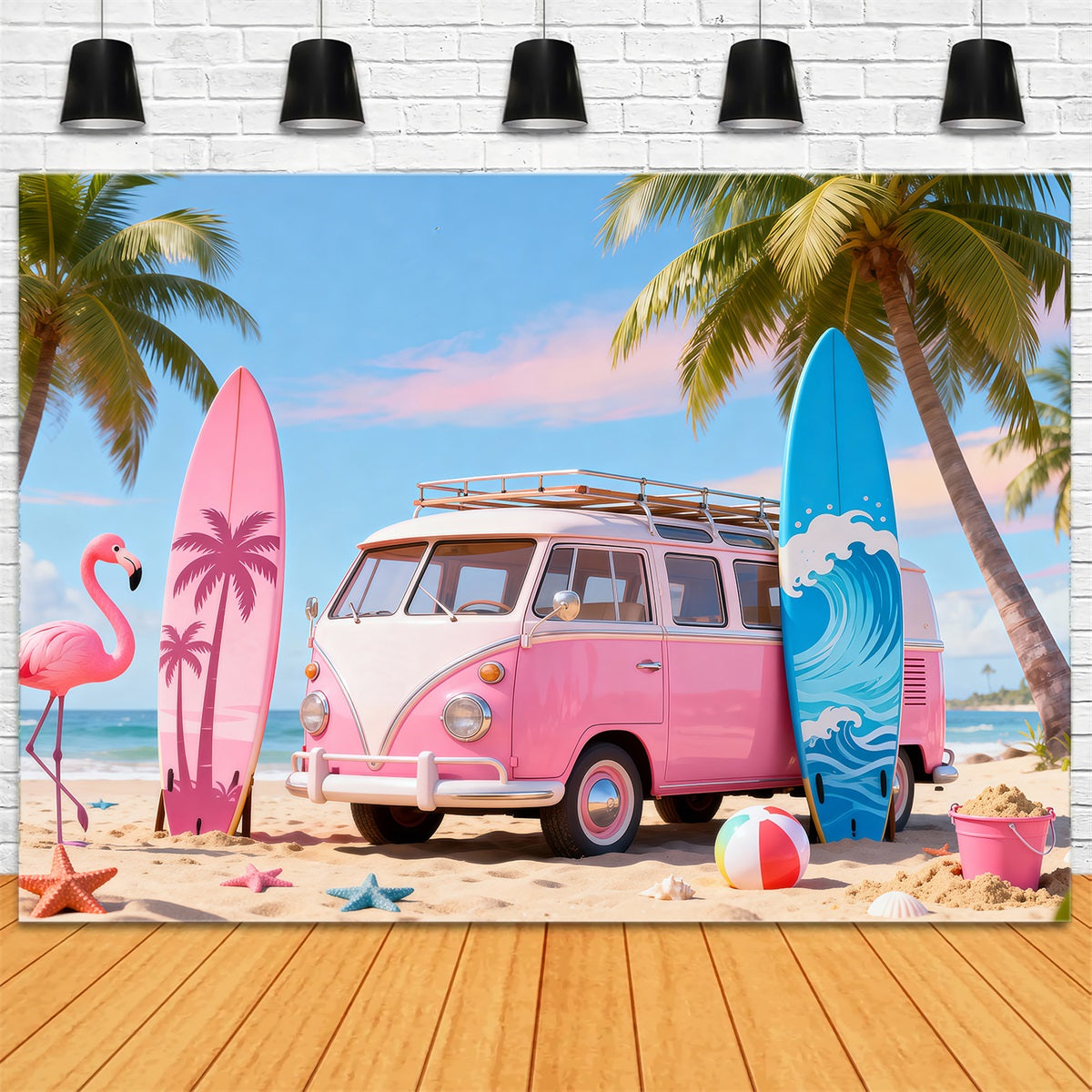 Beach Scene Backdrops Pink Van Flamingo Surfboard Summer Photo Backdrop UK RR61-19