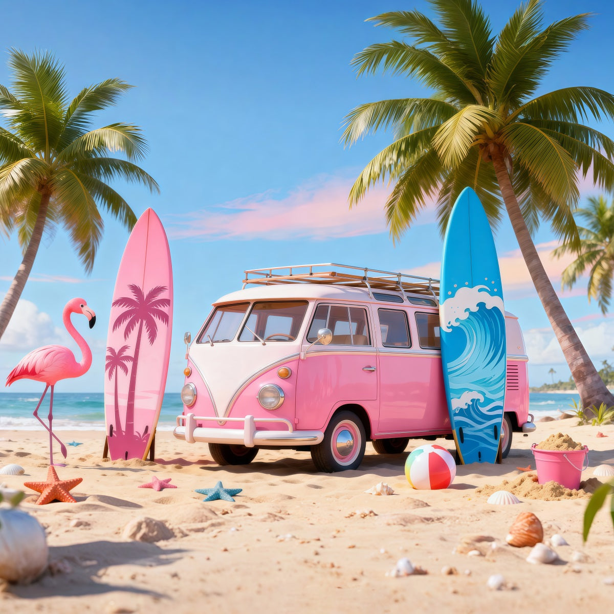 Beach Scene Backdrops Pink Van Flamingo Surfboard Summer Photo Backdrop UK RR61-19
