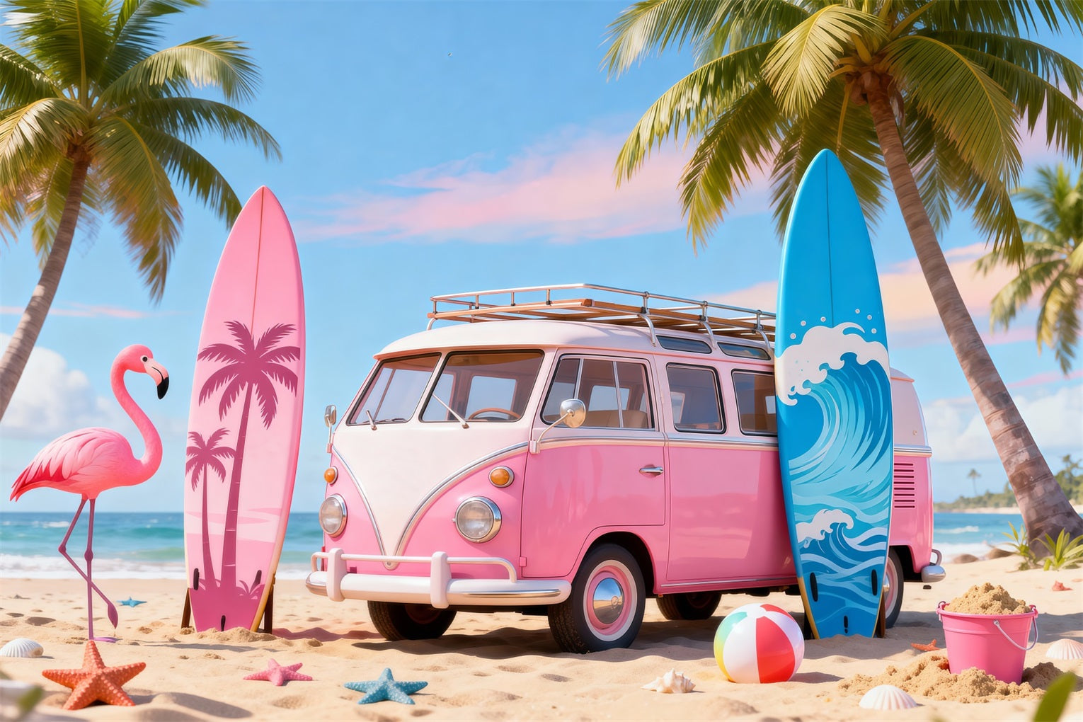 Beach Scene Backdrops Pink Van Flamingo Surfboard Summer Photo Backdrop UK RR61-19