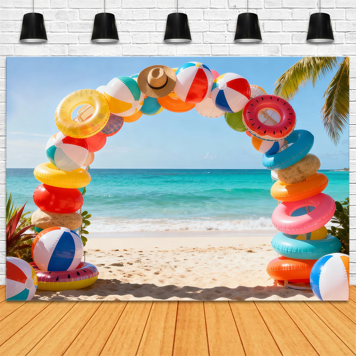 Beach Photo Backdrop Swimming Ring Ball Arch Fun Summer Backdrops UK RR61-2