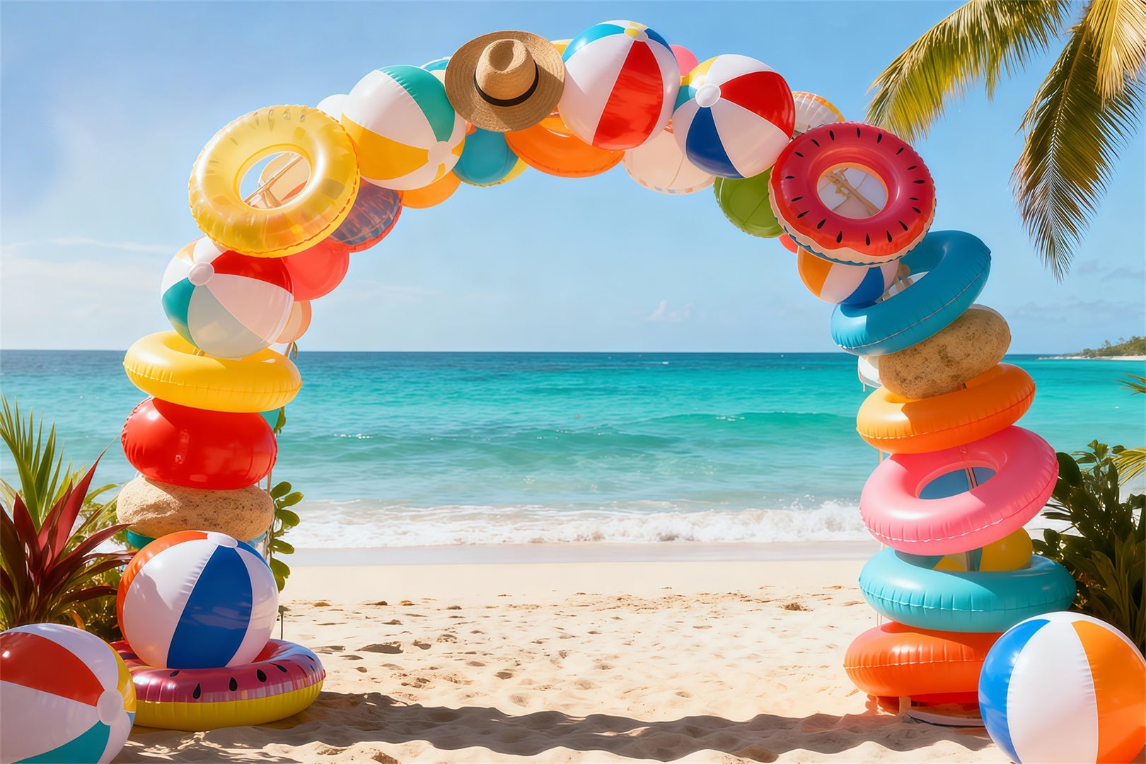 Beach Photo Backdrop Swimming Ring Ball Arch Fun Summer Backdrops UK RR61-2