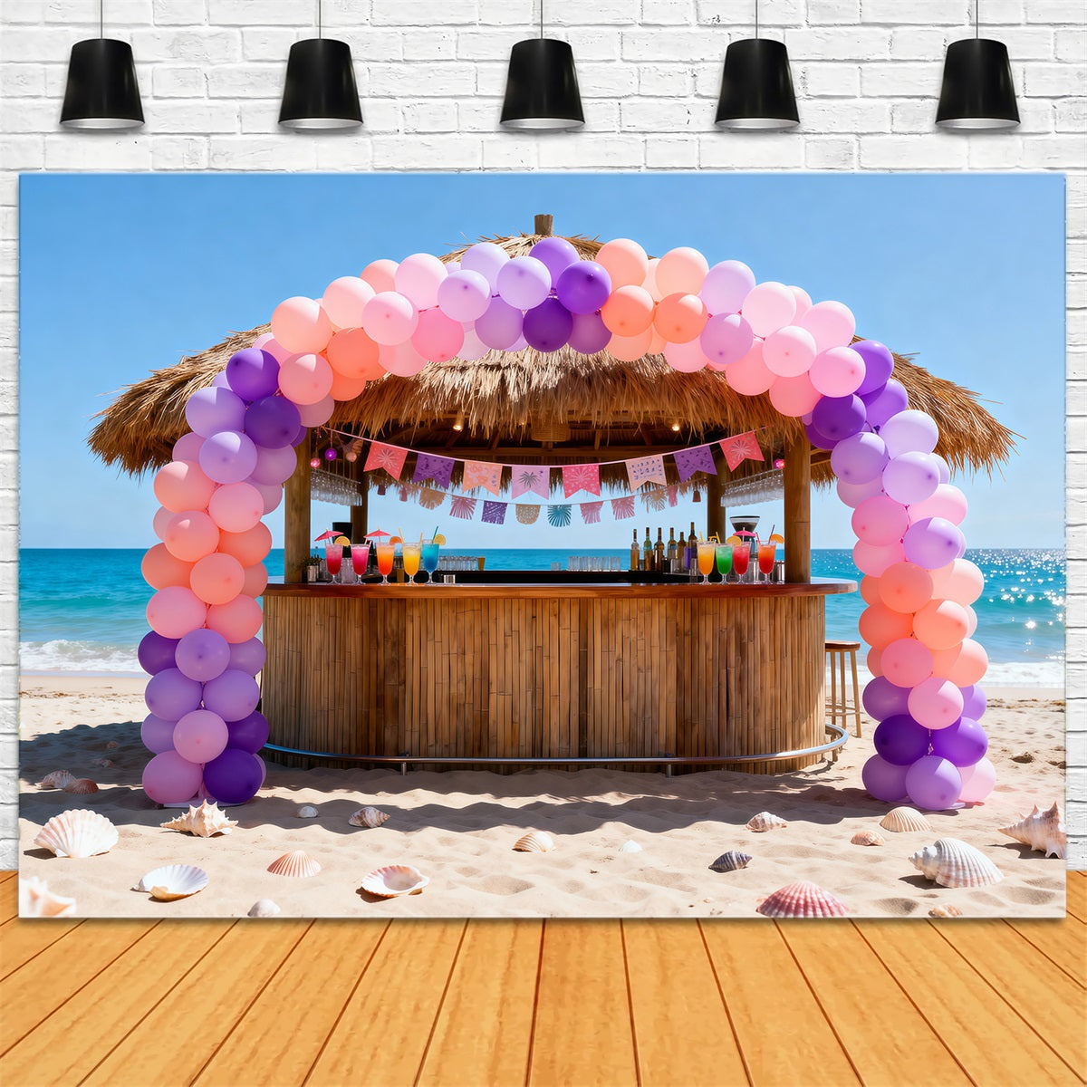 Beach Scene Photo Backdrop Beachfront Tiki Bar Party Summer Photo Backdrops UK RR61-21