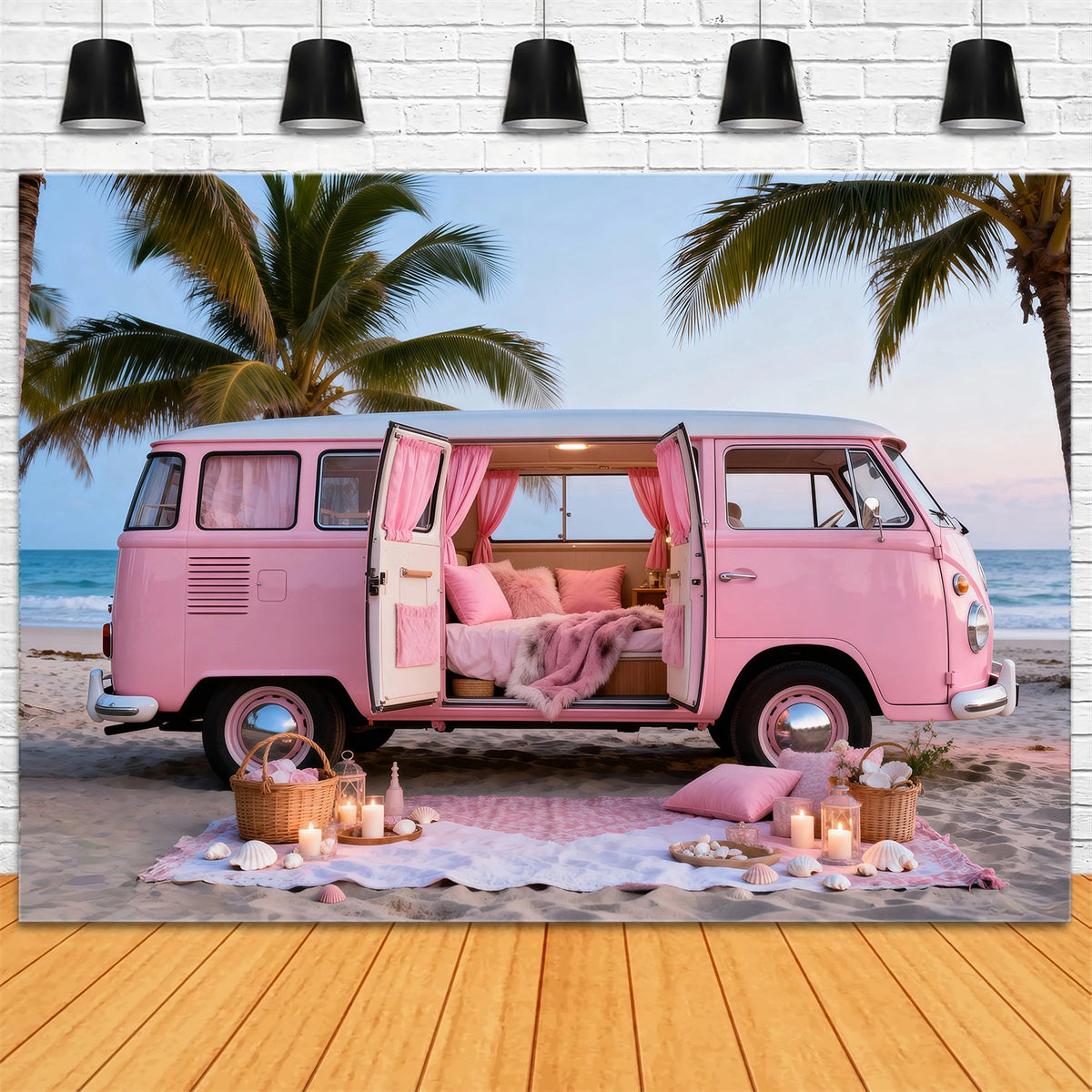 Beach Themed Backdrops Pink Camper Getaway Summer Photography Backdrop UK RR61-23