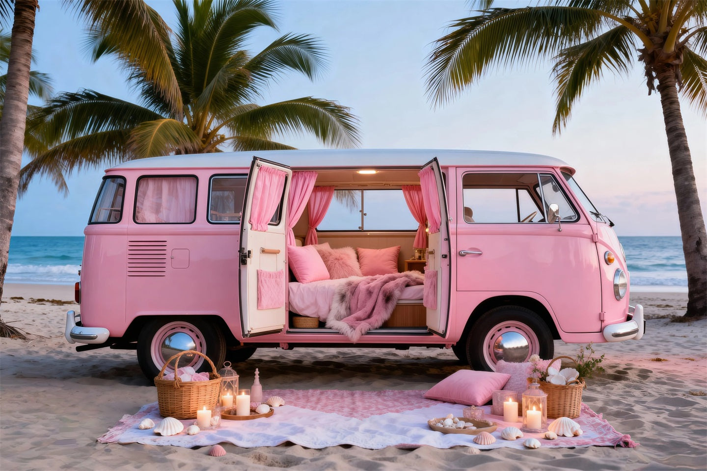 Beach Themed Backdrops Pink Camper Getaway Summer Photography Backdrop UK RR61-23