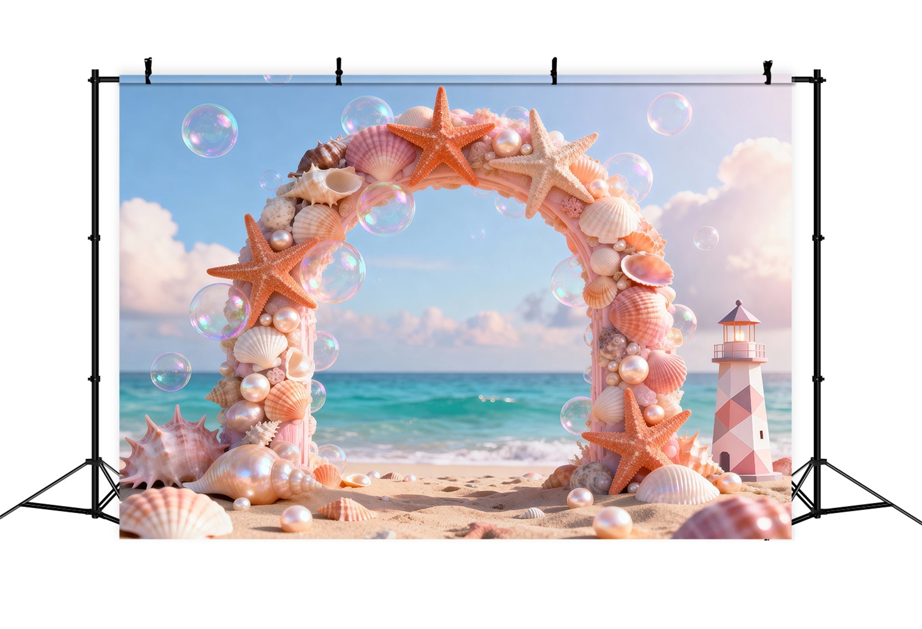 Beach Theme Backdrops Seashell Arch Lighthouse Summer Backdrops Photography UK RR61-25