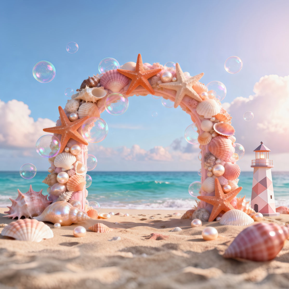 Beach Theme Backdrops Seashell Arch Lighthouse Summer Backdrops Photography UK RR61-25