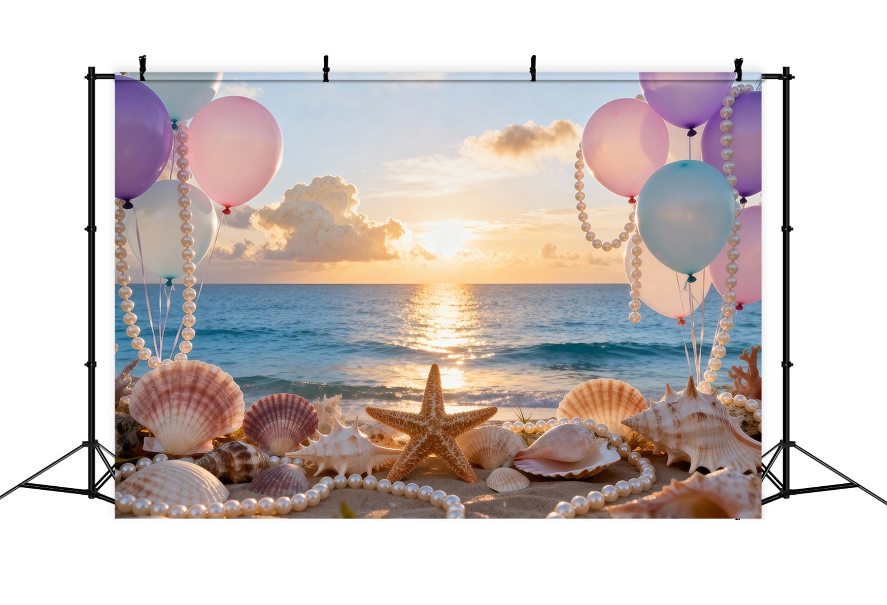 Beach Photo Backdrop Balloons Seashell Sunset View Summer Backdrops UK RR61-29