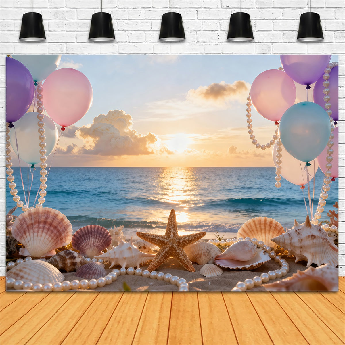 Beach Photo Backdrop Balloons Seashell Sunset View Summer Backdrops UK RR61-29