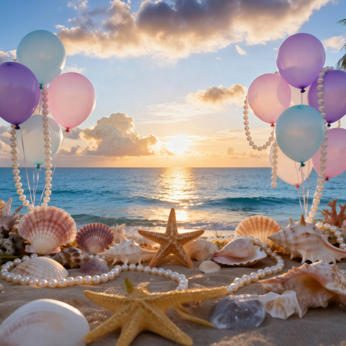 Beach Photo Backdrop Balloons Seashell Sunset View Summer Backdrops UK RR61-29