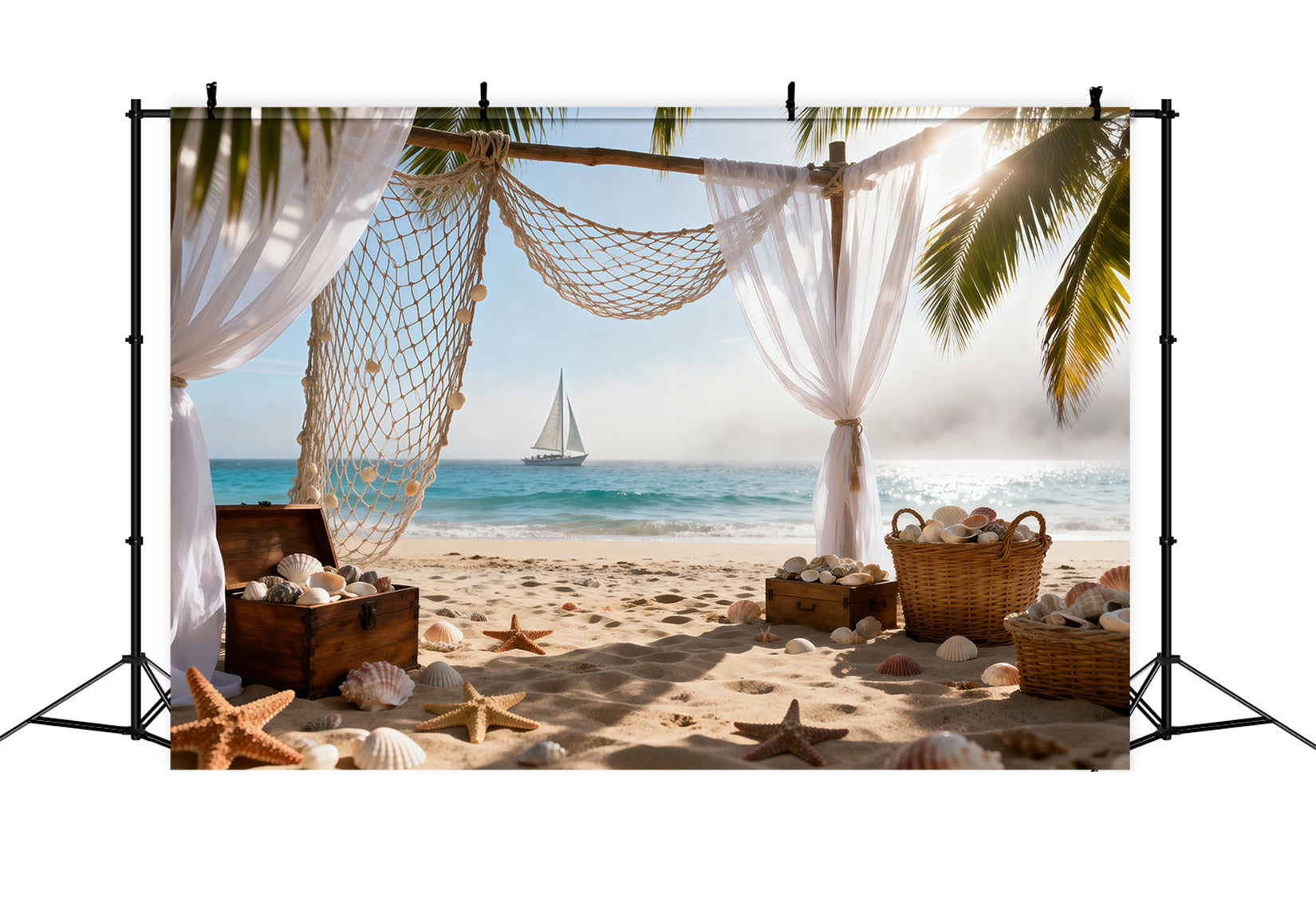 Sandy Beach Backdrop Bohemia Sailboat Vibes Starfish Summer Photo Backdrops UK RR61-32