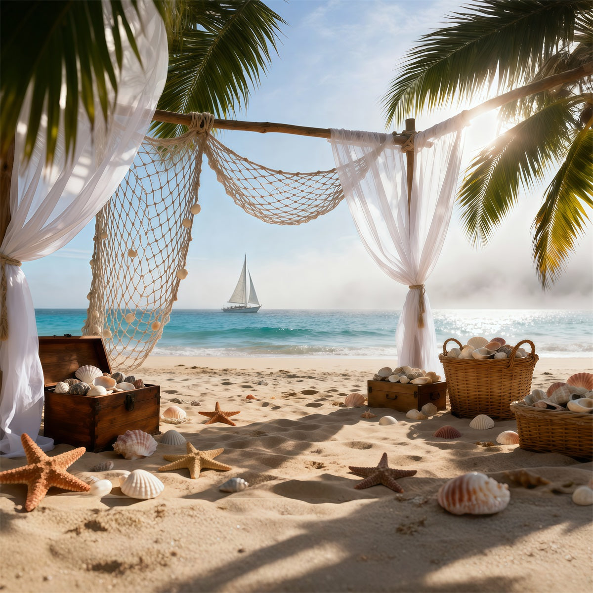 Sandy Beach Backdrop Bohemia Sailboat Vibes Starfish Summer Photo Backdrops UK RR61-32