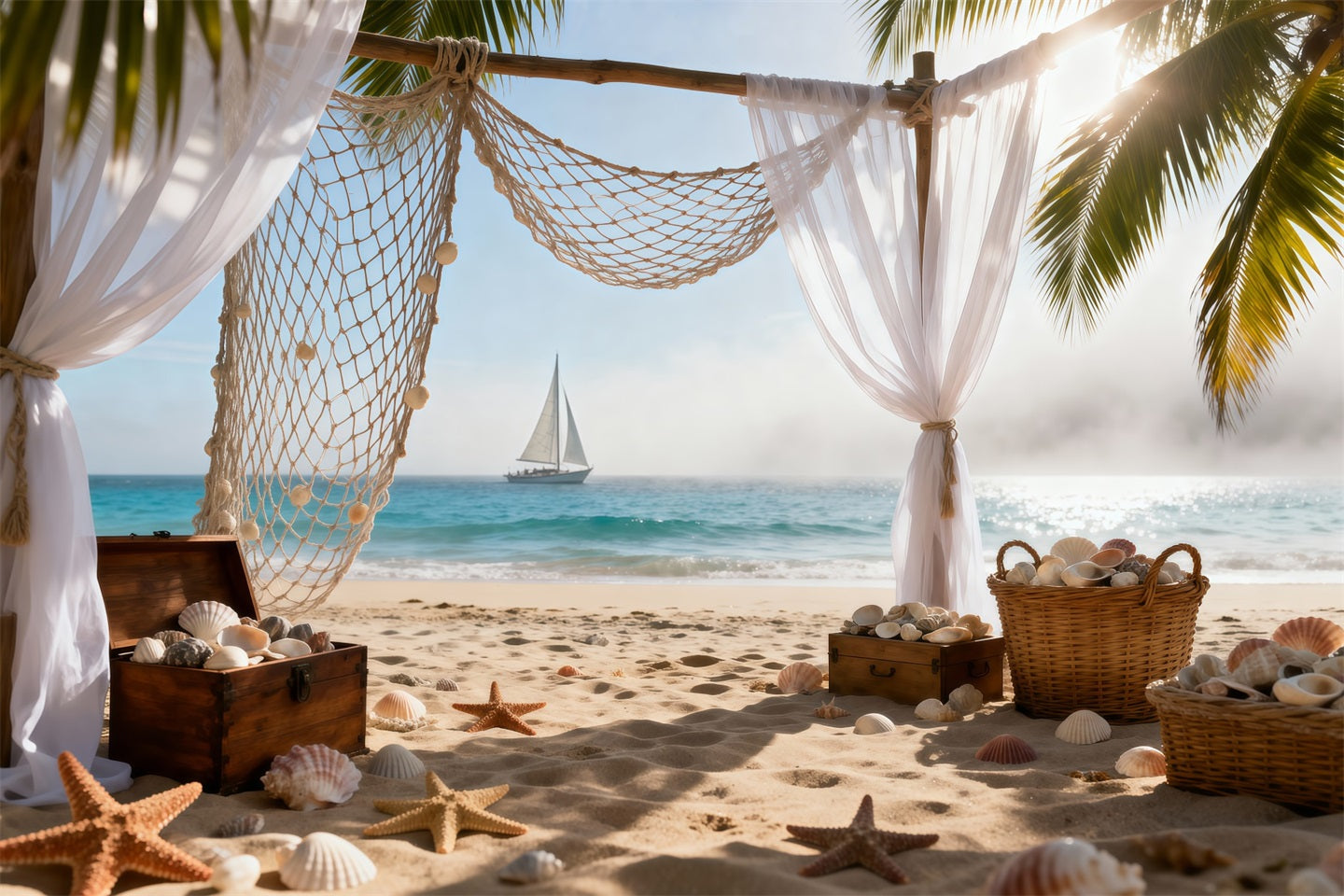 Sandy Beach Backdrop Bohemia Sailboat Vibes Starfish Summer Photo Backdrops UK RR61-32