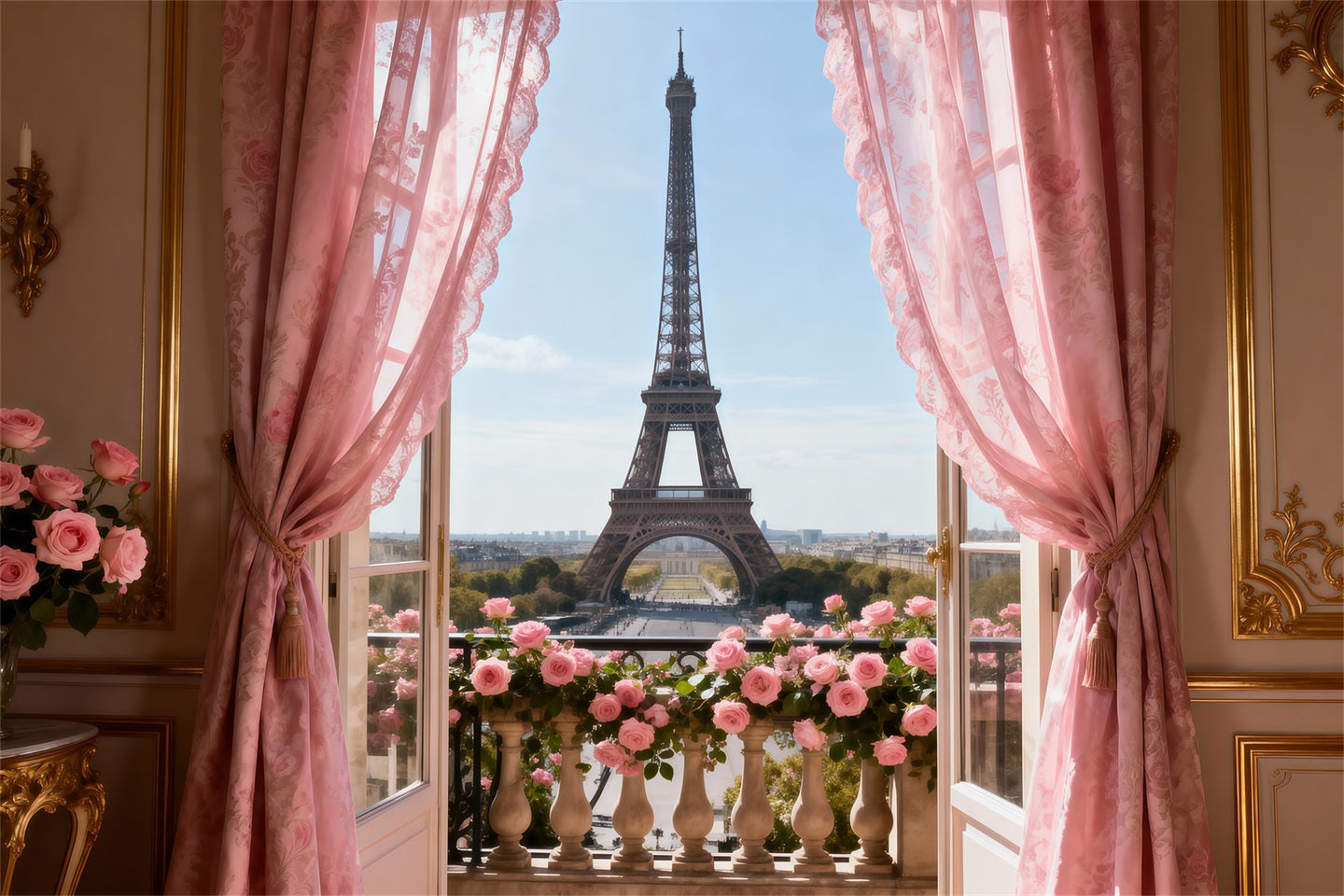 Paris Backdrop Pink Curtain Balcony Romance Eiffel Tower Backdrop UK RR61-34