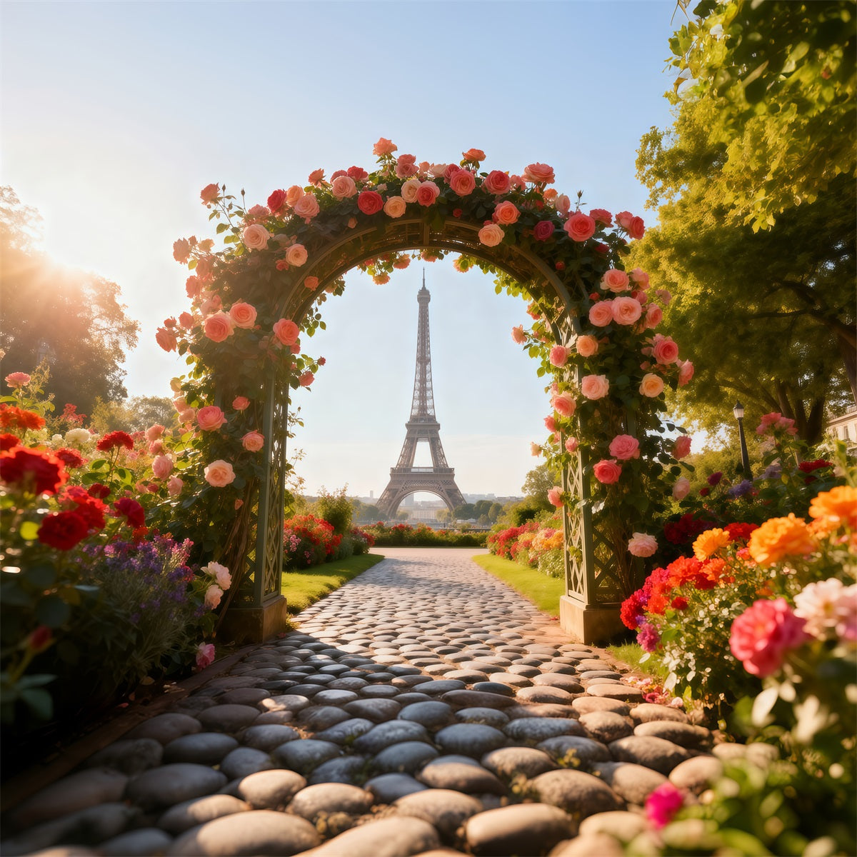 Paris Photo Backdrop Rose Garden Floral Archway Eiffel Tower Photo Backdrop UK RR61-35