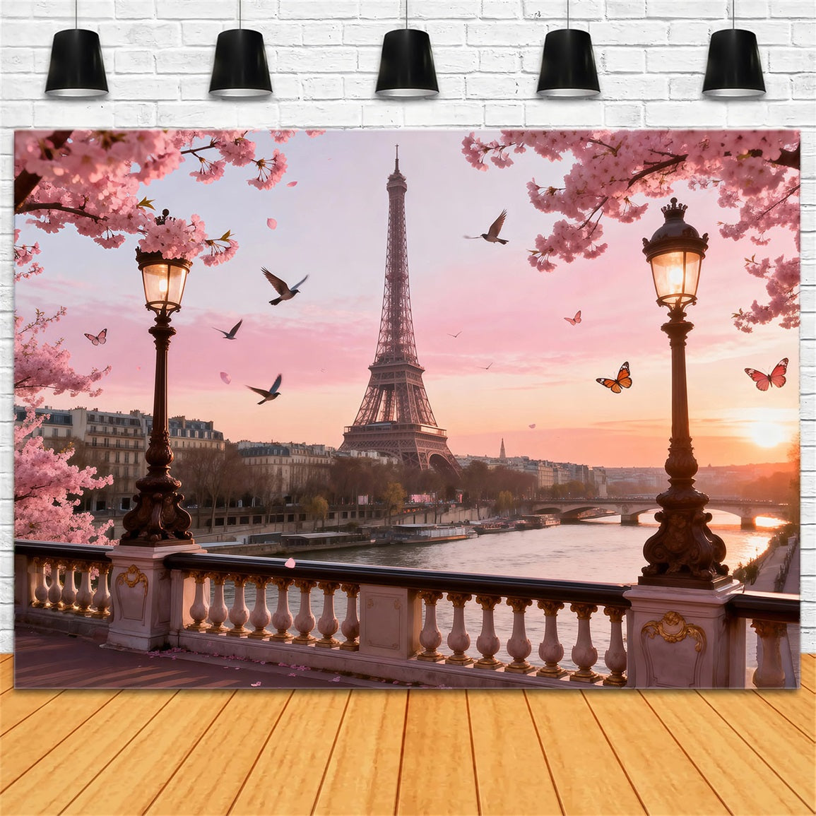 Paris Theme Backdrop Cherry Blossom River Twilight Eiffel Tower Backdrops UK RR61-36
