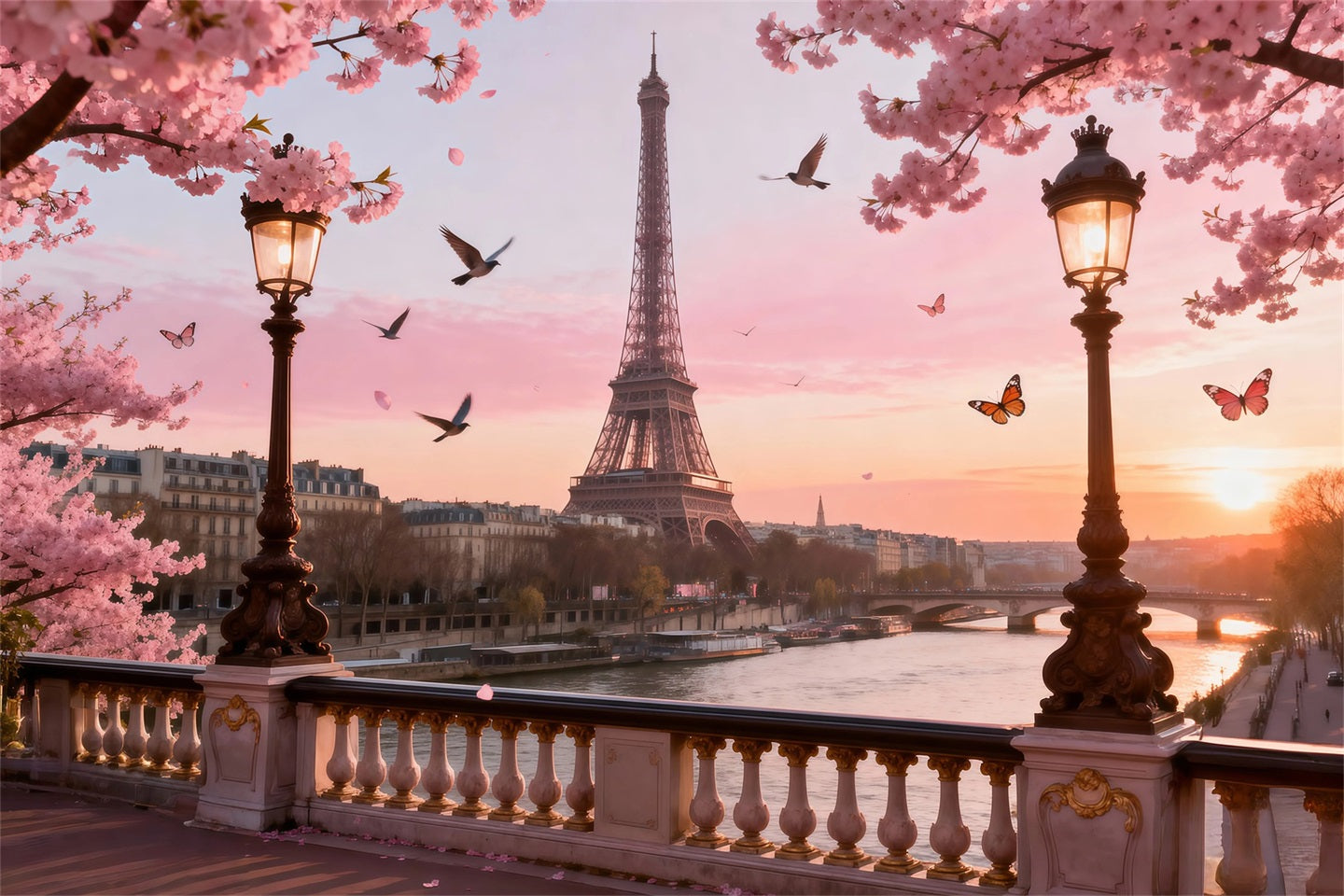 Paris Theme Backdrop Cherry Blossom River Twilight Eiffel Tower Backdrops UK RR61-36