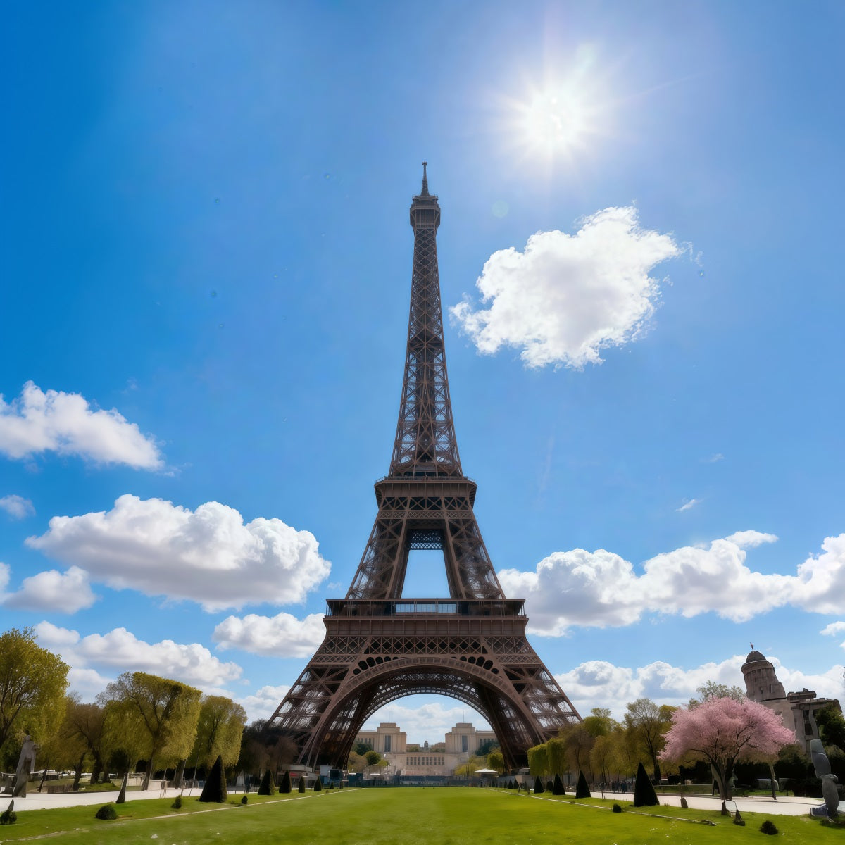 Large Eiffel Tower Backdrop Blue Sky Sunlit Landmark Paris Photo Backdrop UK RR61-40