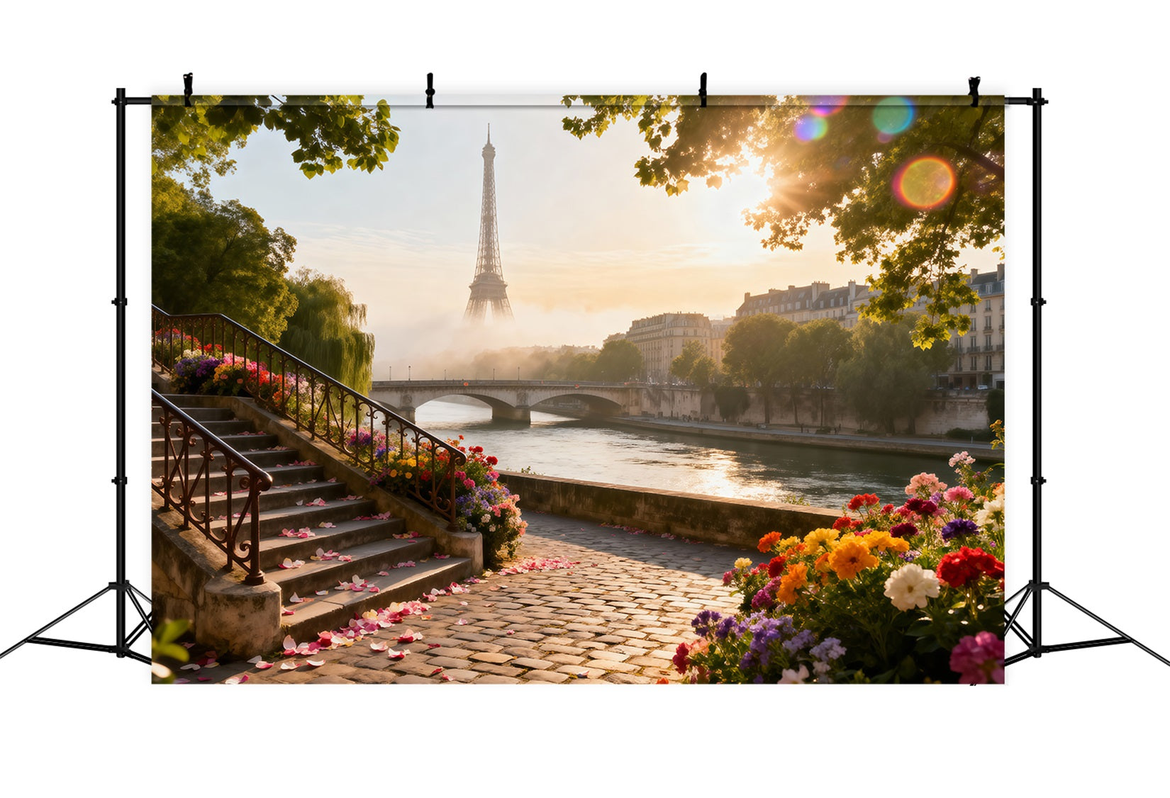 Paris Backdrop Ideas Riverside Garden Sunrise Eiffel Tower Photo Backdrop UK RR61-41