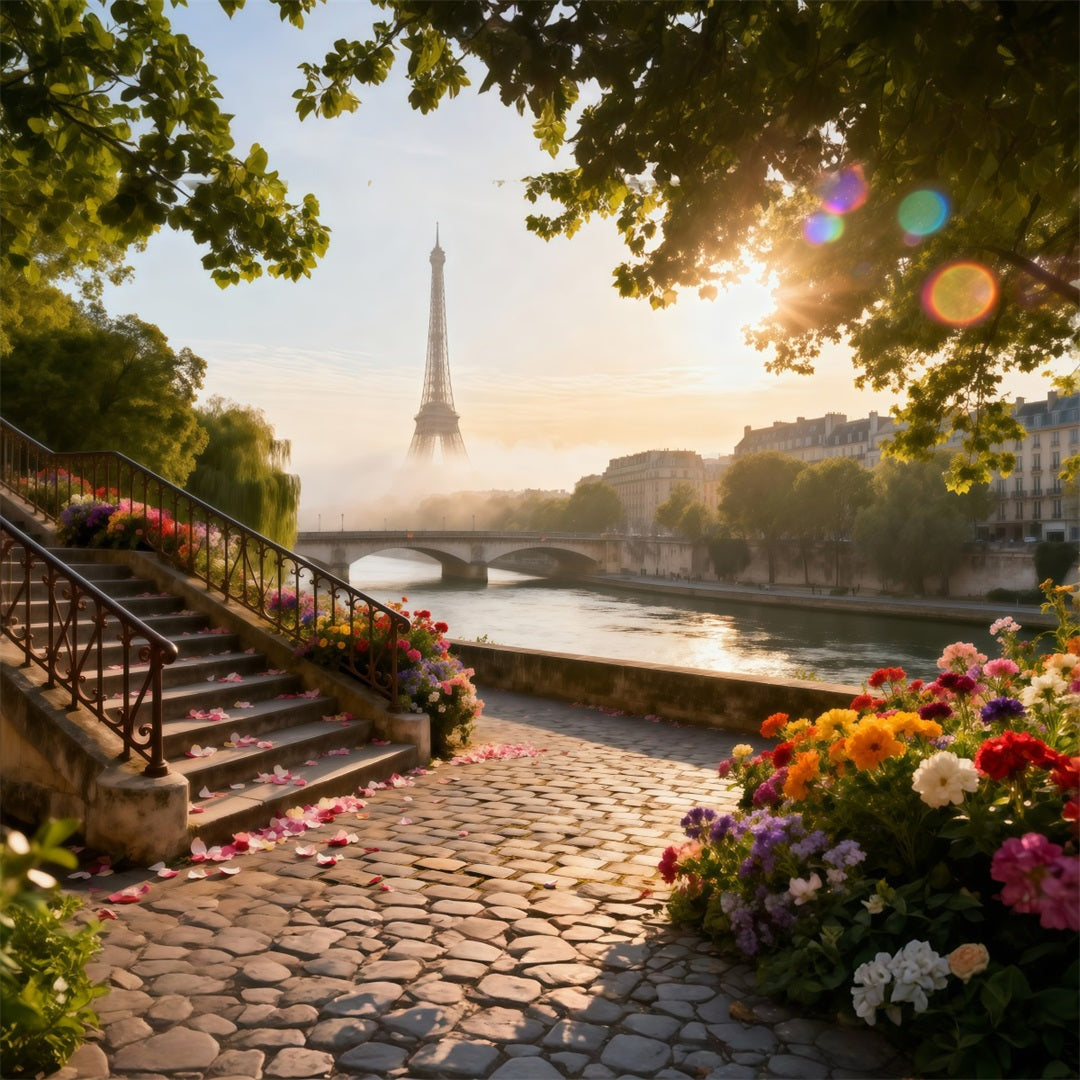 Paris Backdrop Ideas Riverside Garden Sunrise Eiffel Tower Photo Backdrop UK RR61-41