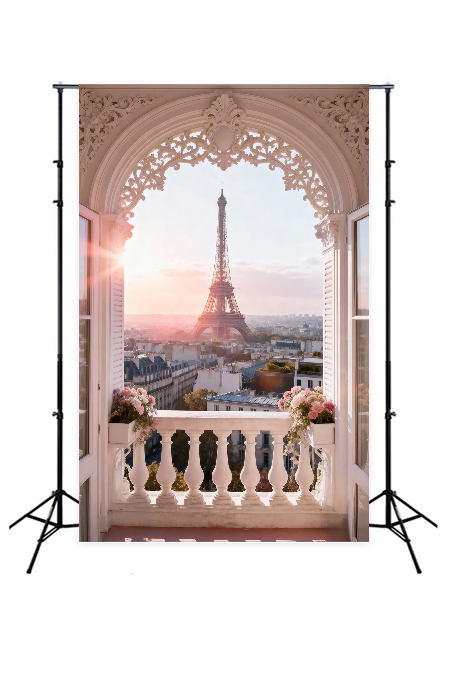 Paris Themed Backdrops Ornate Arch Balcony Sunrise Eiffel Tower Backdrops UK RR61-42