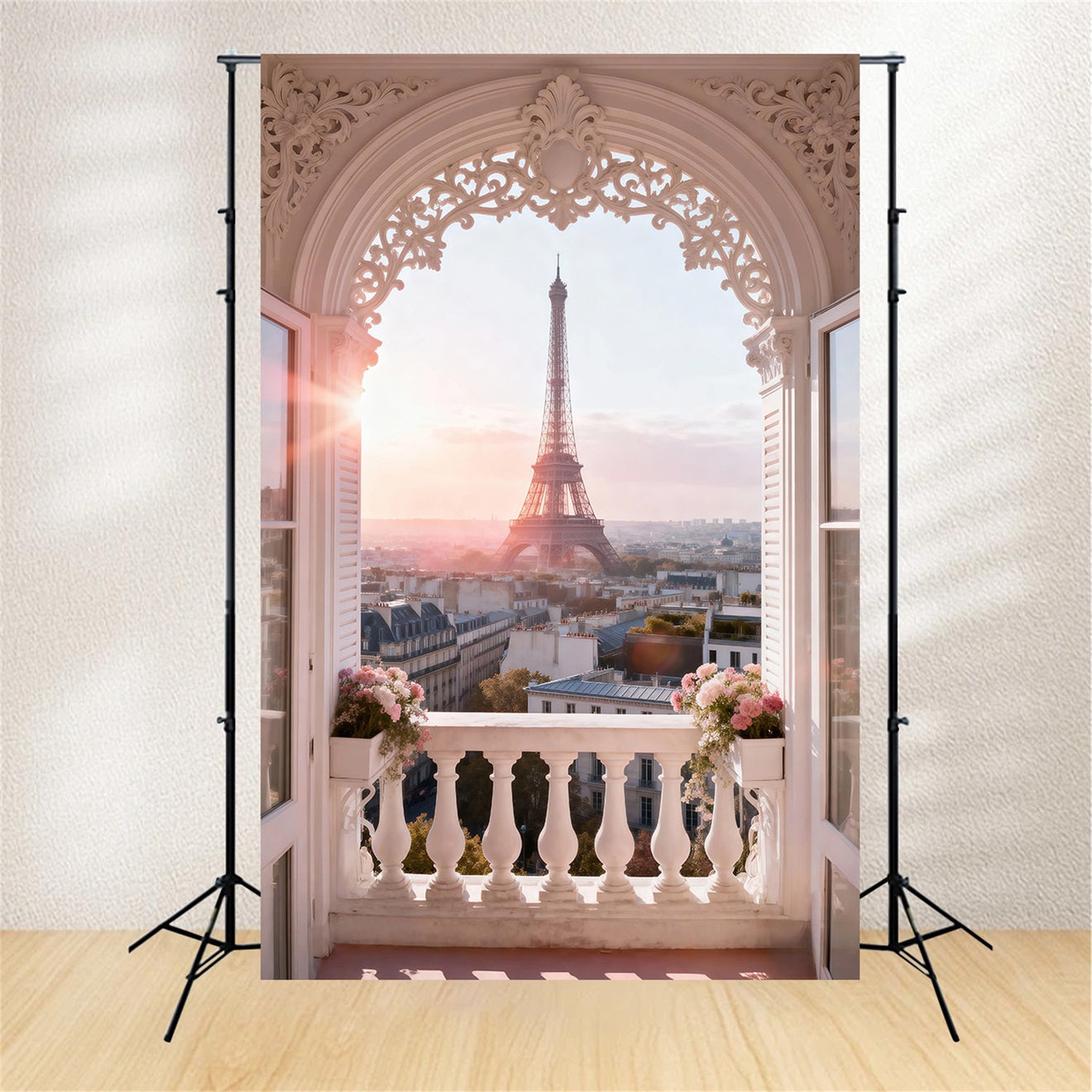 Paris Themed Backdrops Ornate Arch Balcony Sunrise Eiffel Tower Backdrops UK RR61-42
