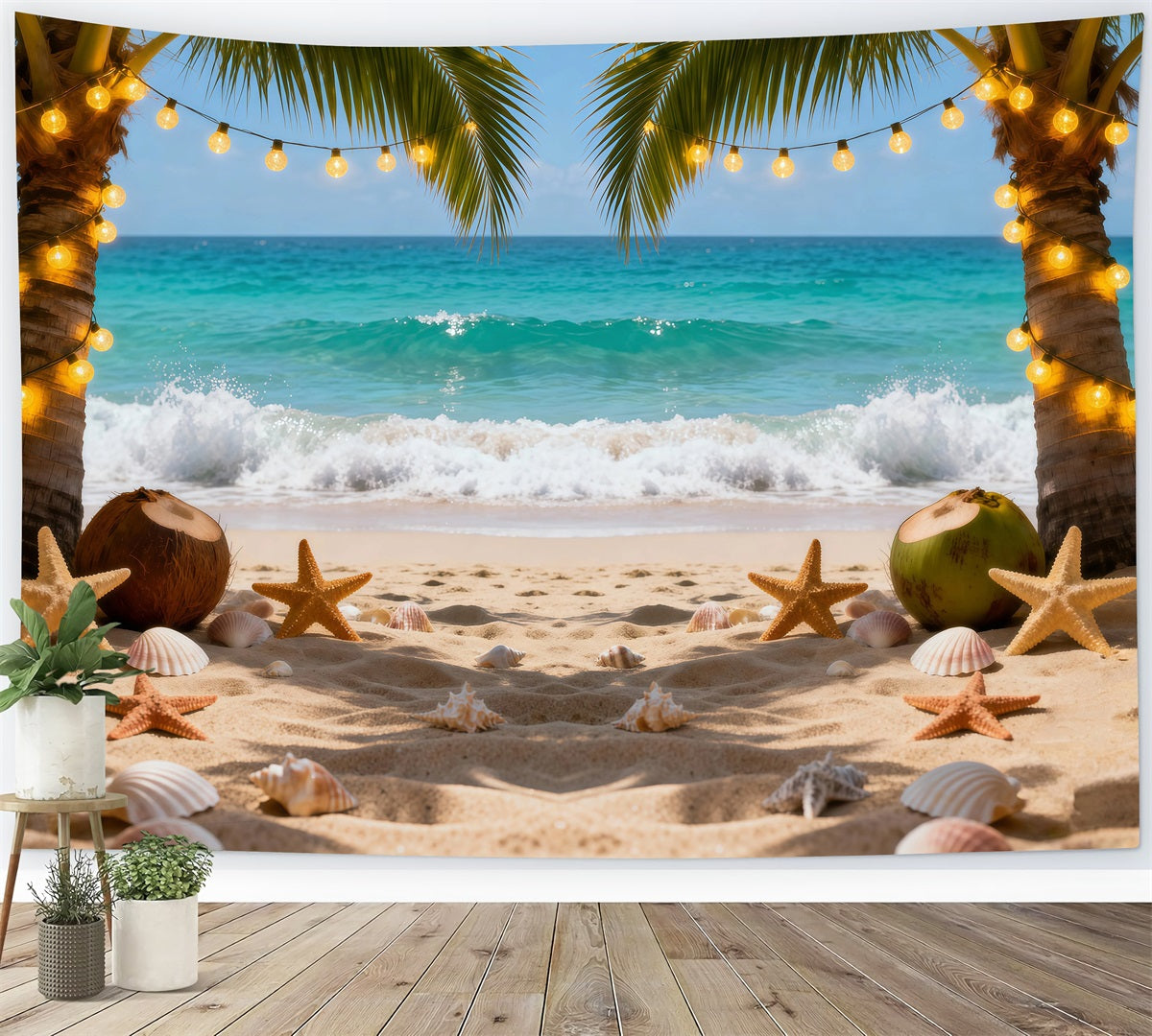 Beach Theme Backdrop Night Palm String Lights Summer Photo Backdrops UK RR61-5