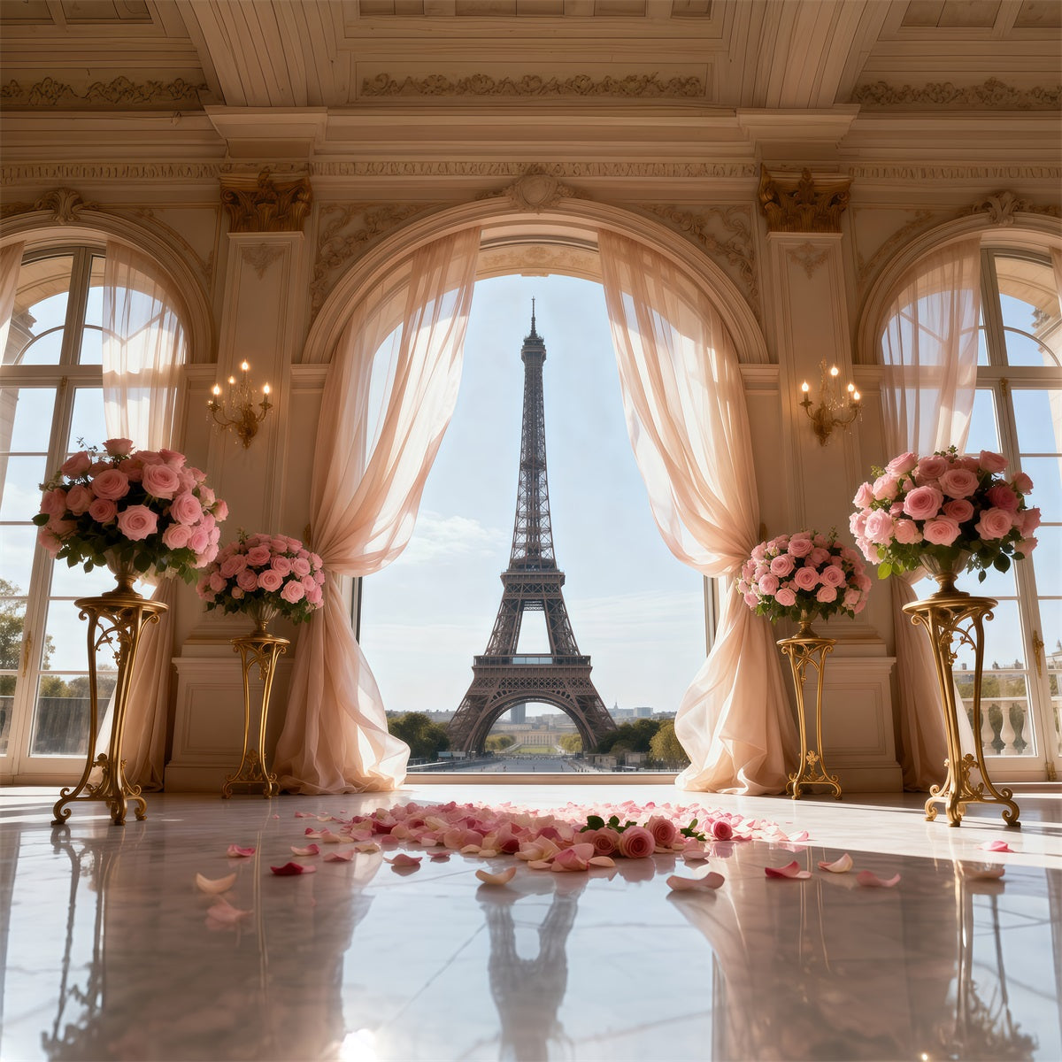 Paris Themed Photo Backdrop Palace Window Rose Ceremony Eiffel Tower Photography Backdrop UK RR61-50