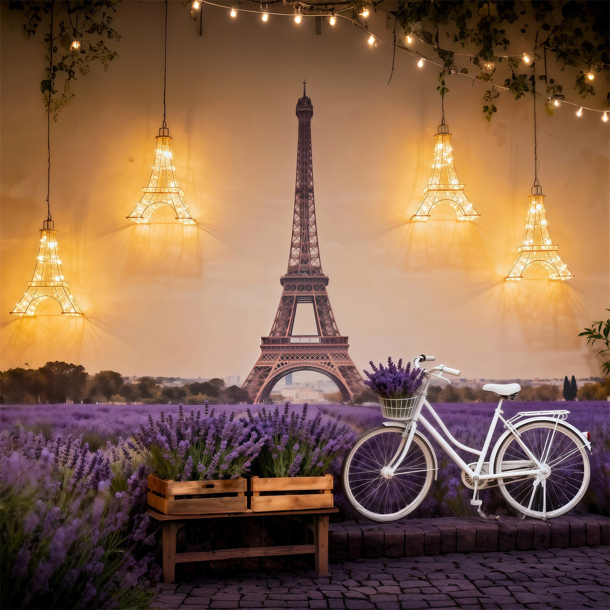 Eiffel Tower Photography Backdrop Lavender Field Bicycle Glow Paris Themed Backdrops UK RR61-51