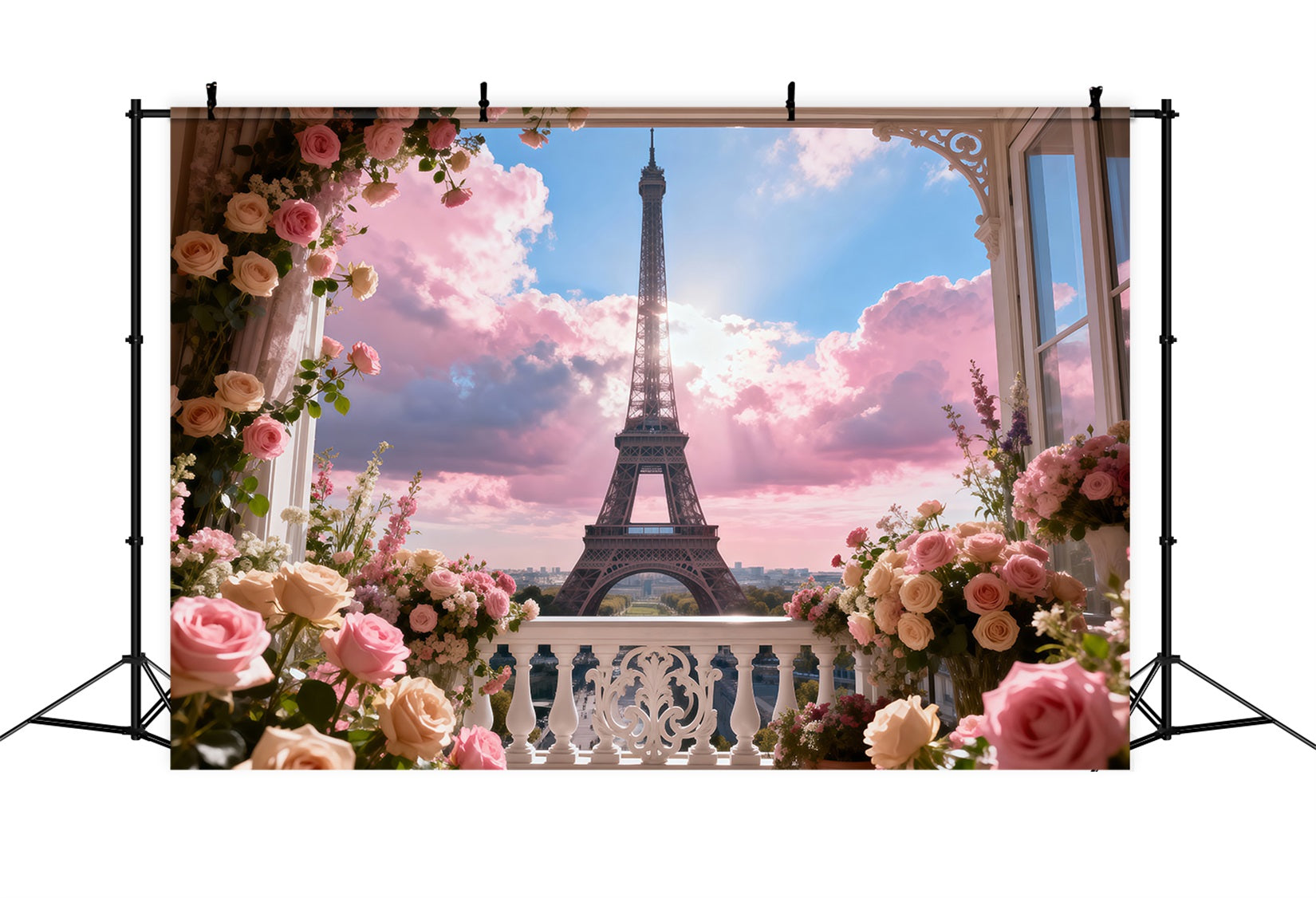 Paris Photo Backdrop Pastel Balcony Garden Sky Eiffel Tower Photography Backdrop UK RR61-53