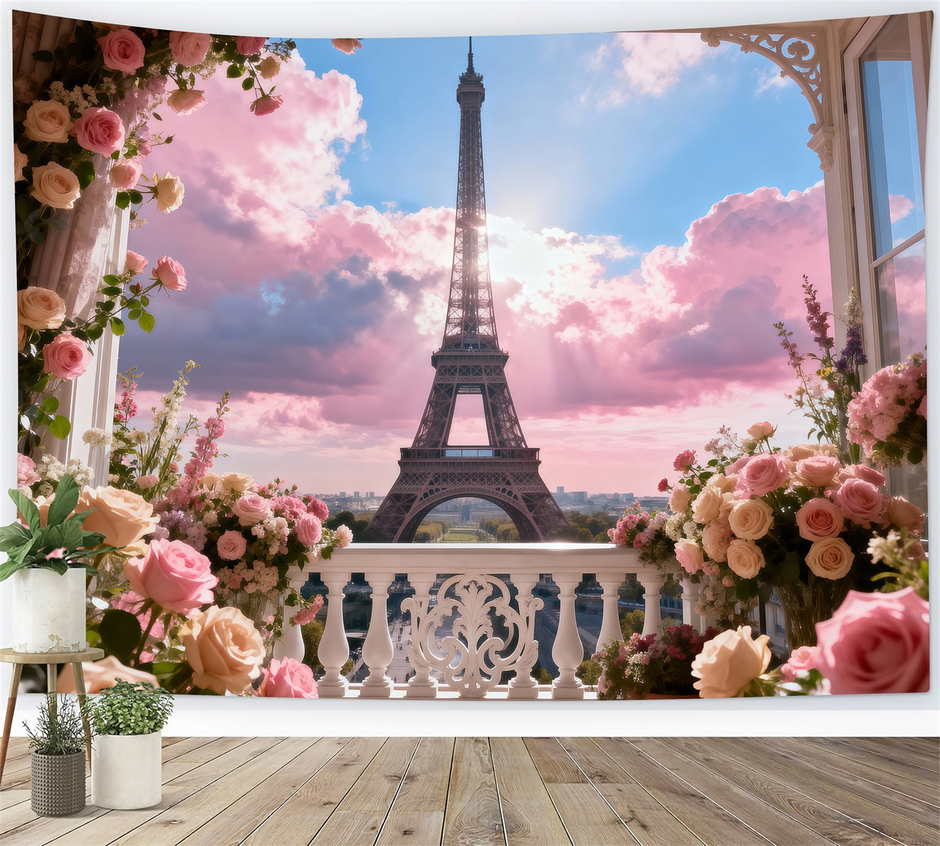 Paris Photo Backdrop Pastel Balcony Garden Sky Eiffel Tower Photography Backdrop UK RR61-53