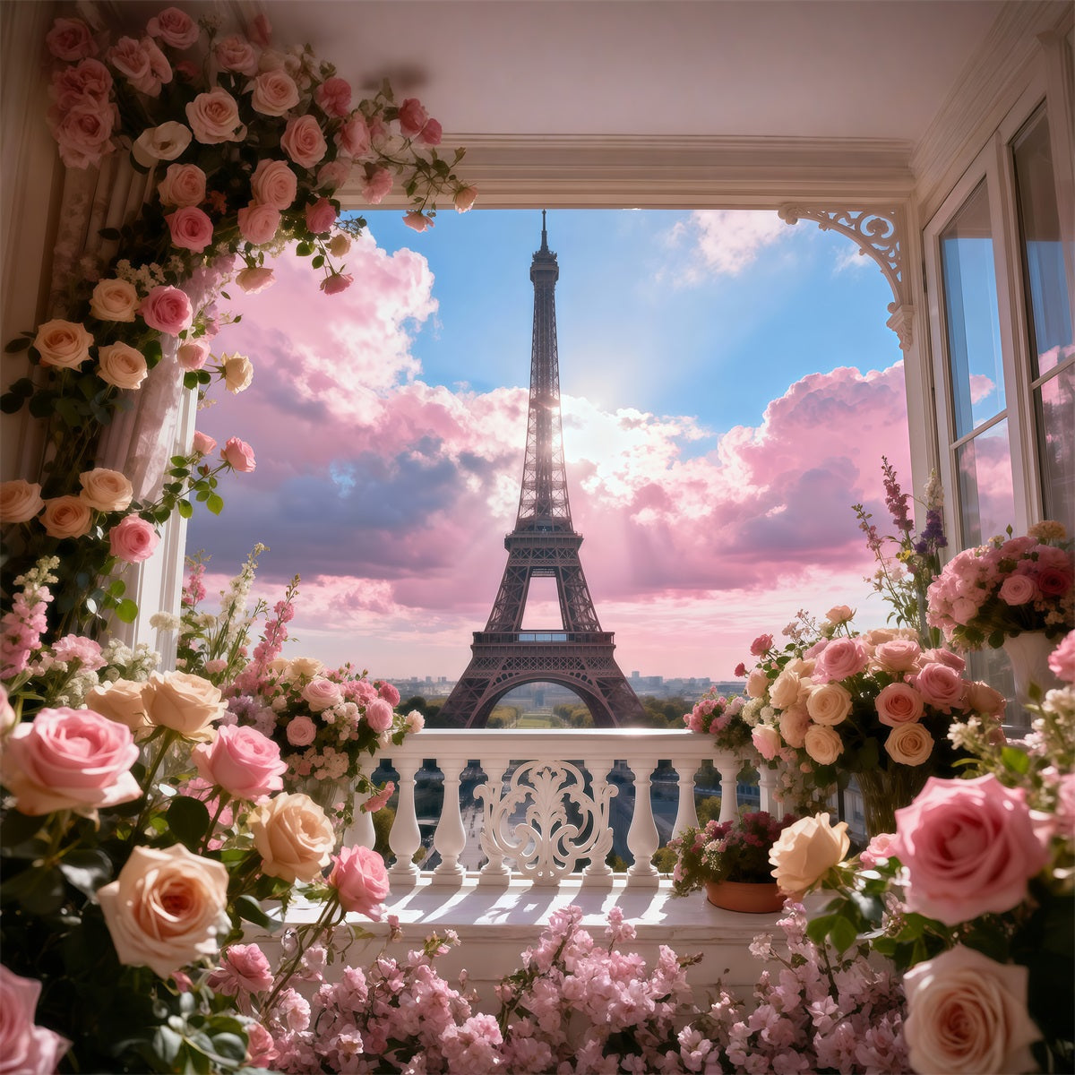 Paris Photo Backdrop Pastel Balcony Garden Sky Eiffel Tower Photography Backdrop UK RR61-53