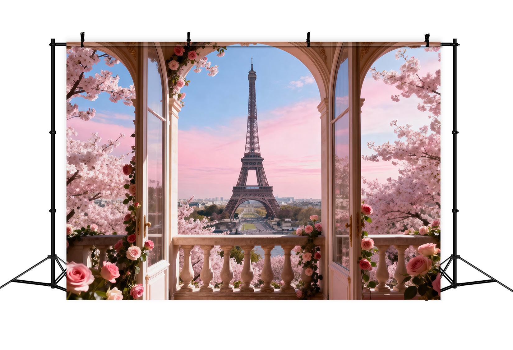 Eiffel Tower Photo Backdrop Blossom Balcony Pastel Morning Paris Backdrop For Pictures UK RR61-54