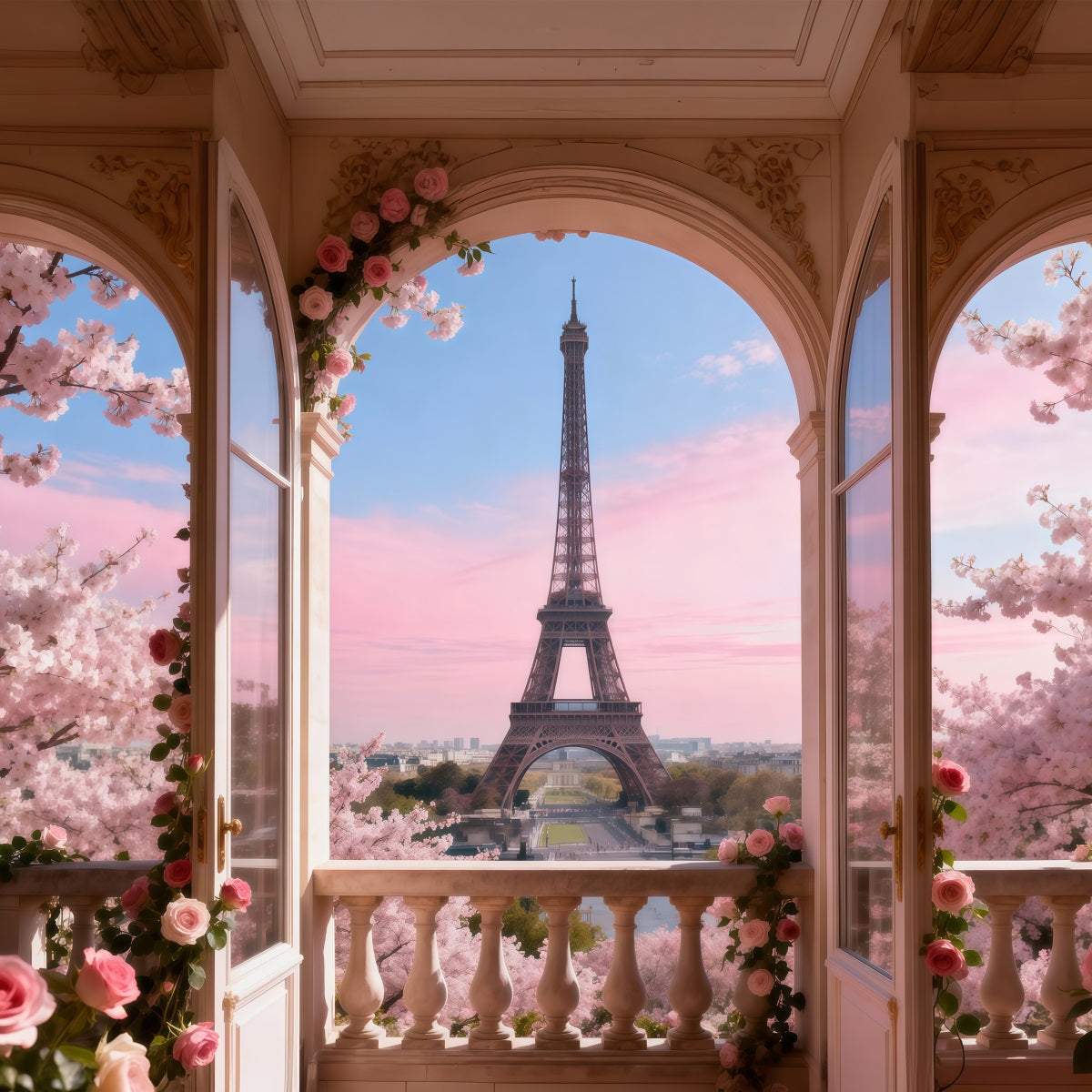 Eiffel Tower Photo Backdrop Blossom Balcony Pastel Morning Paris Backdrop For Pictures UK RR61-54