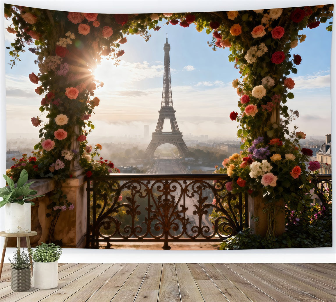 Eiffel Tower Backdrops Sunlit Floral Arch Terrace Paris Photo Booth Backdrop UK RR61-55