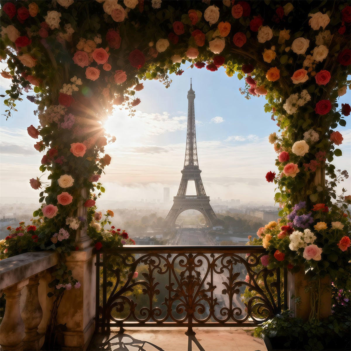Eiffel Tower Backdrops Sunlit Floral Arch Terrace Paris Photo Booth Backdrop UK RR61-55