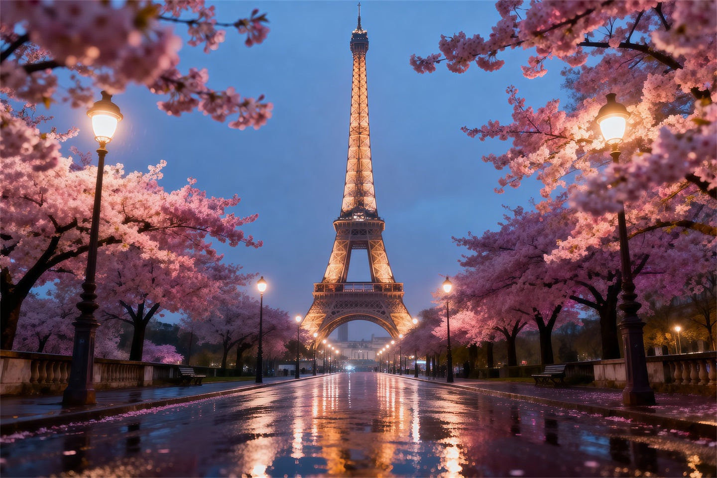 Midnight In Paris Backdrop Cherry Blossom Evening Promenade Eiffel Tower Backdrops UK RR61-57