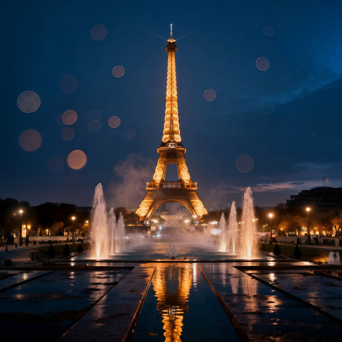Paris Photo Backdrop Midnight Fountain Golden Reflection Eiffel Tower Backdrops UK RR61-58