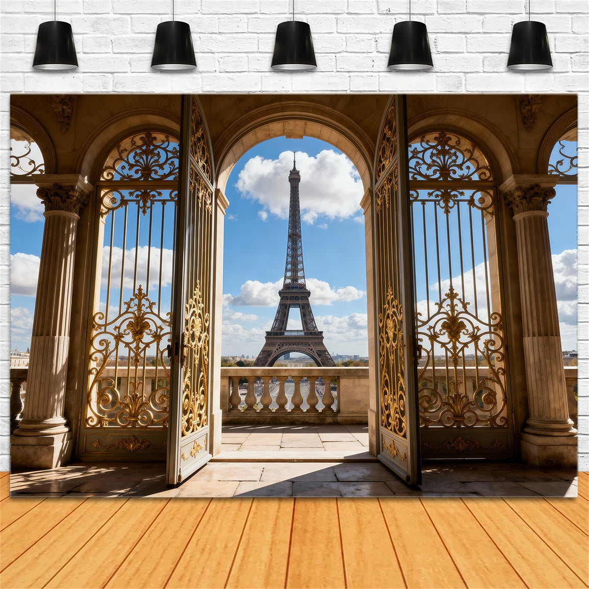 Paris Themed Backdrop Golden Palace Archway Balcony View Eiffel Tower Backdrops UK RR61-62
