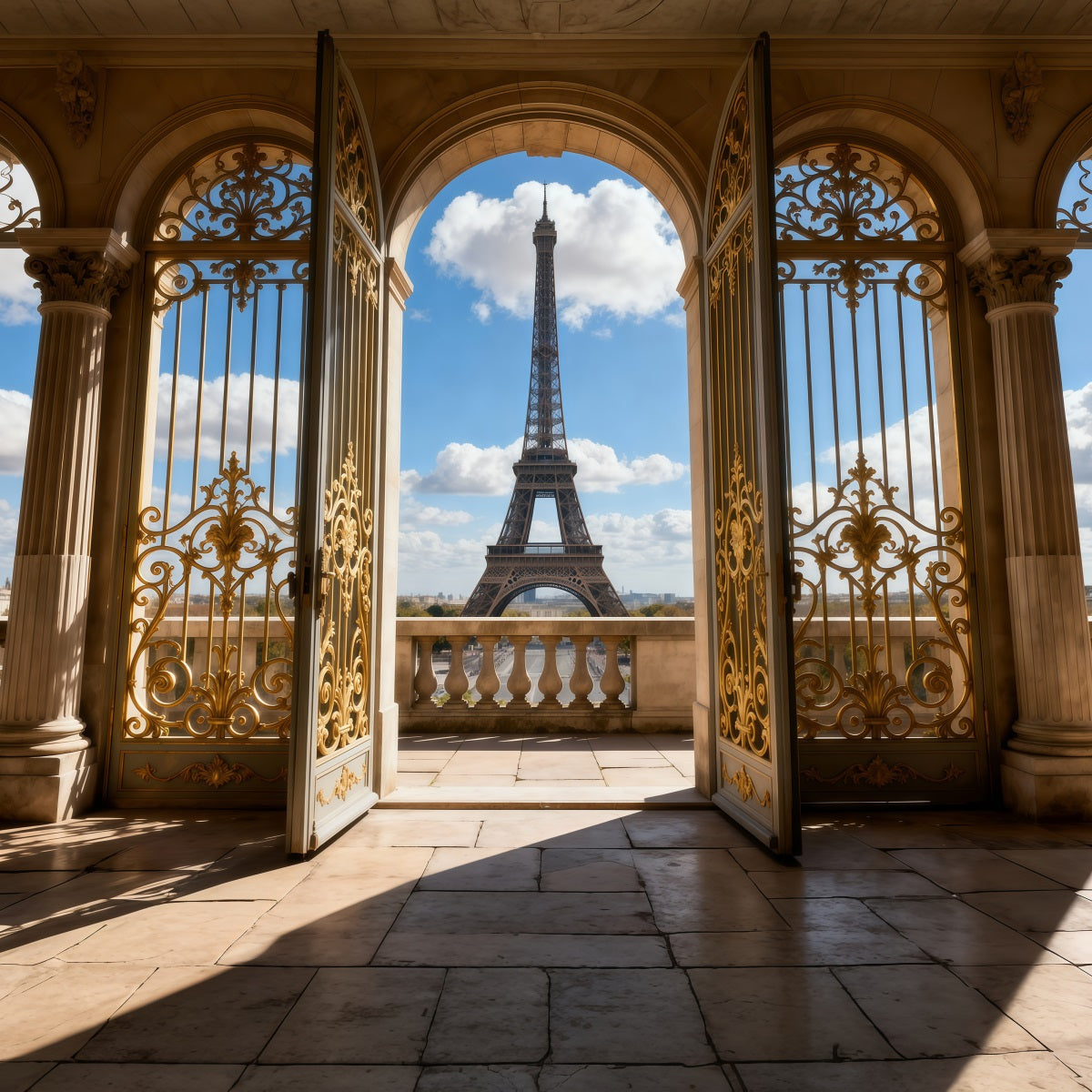 Paris Themed Backdrop Golden Palace Archway Balcony View Eiffel Tower Backdrops UK RR61-62