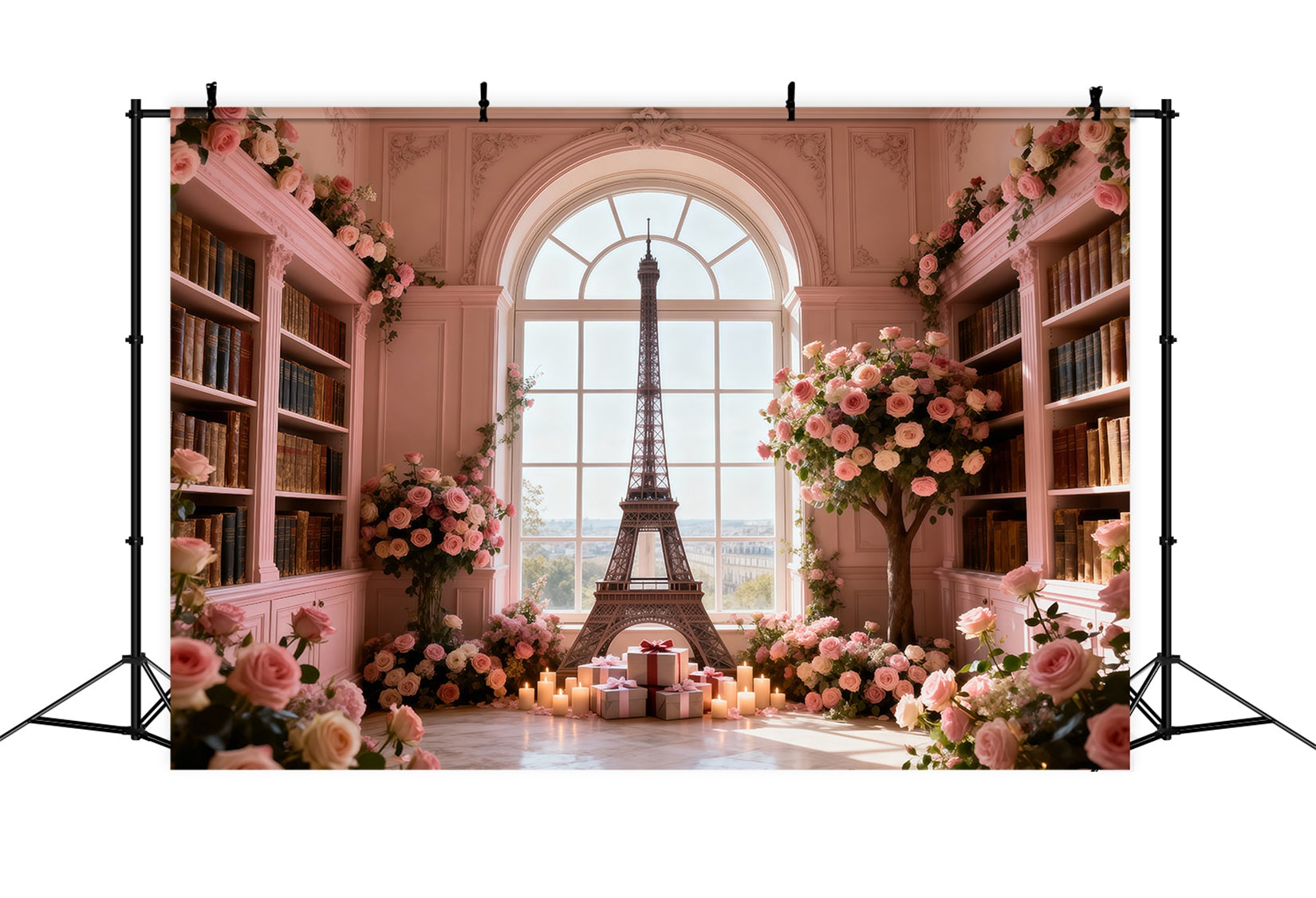 Paris Themed Backdrops Rose Library Window Romance Eiffel Tower Backdrops UK RR61-64