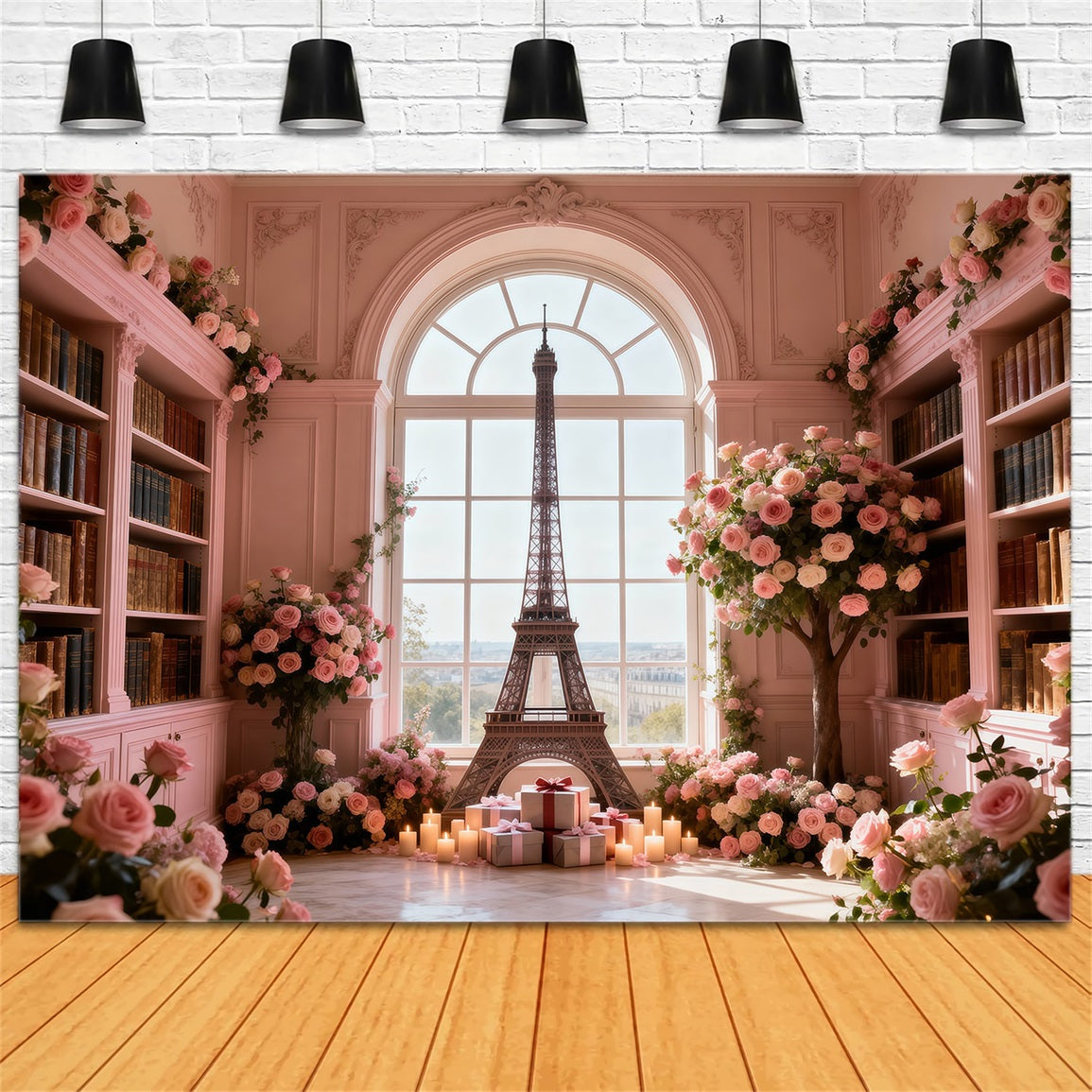Paris Themed Backdrops Rose Library Window Romance Eiffel Tower Backdrops UK RR61-64