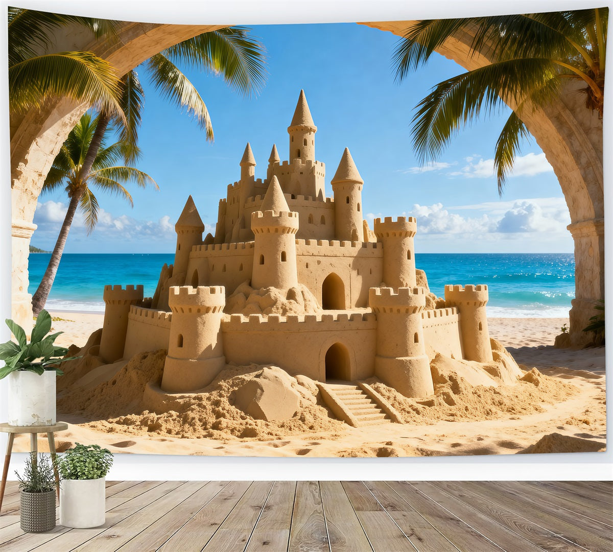Beach Sand Backdrop Tropical Sandcastle Ocean View Summer Themed Backdrop UK RR61-7