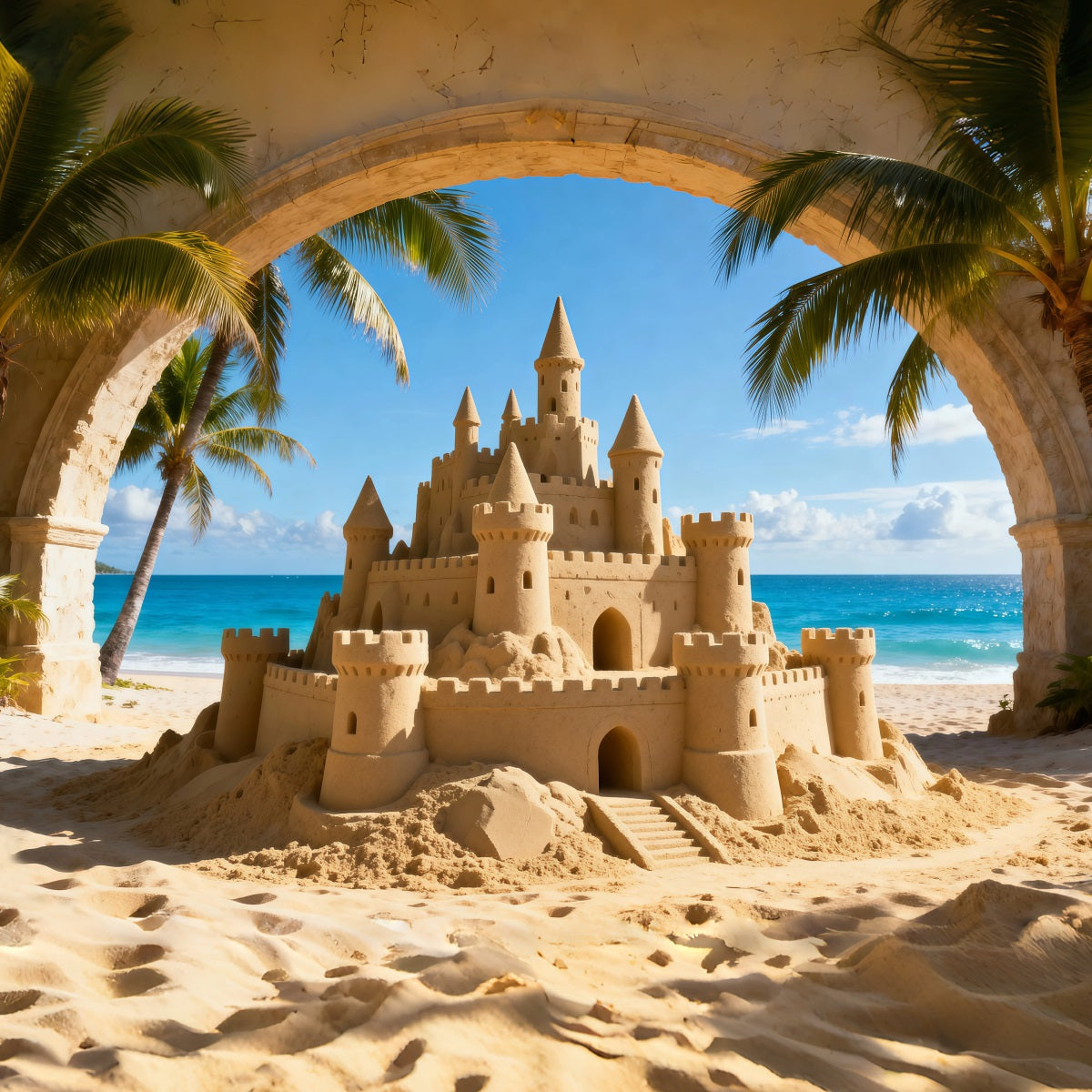 Beach Sand Backdrop Tropical Sandcastle Ocean View Summer Themed Backdrop UK RR61-7