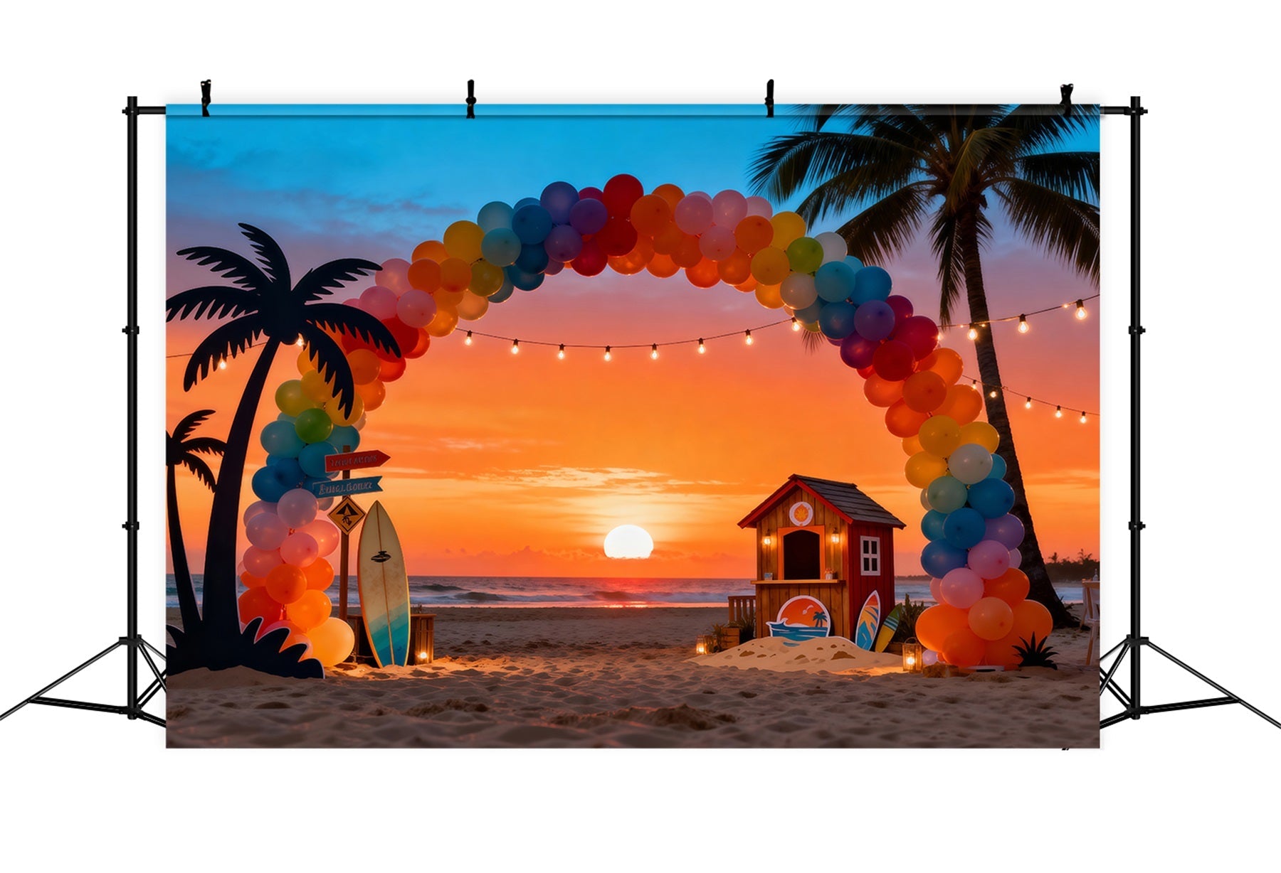 Beach Sunset Backdrop Balloon Arch Palm Trees Summer Theme Backdrop UK RR61-8