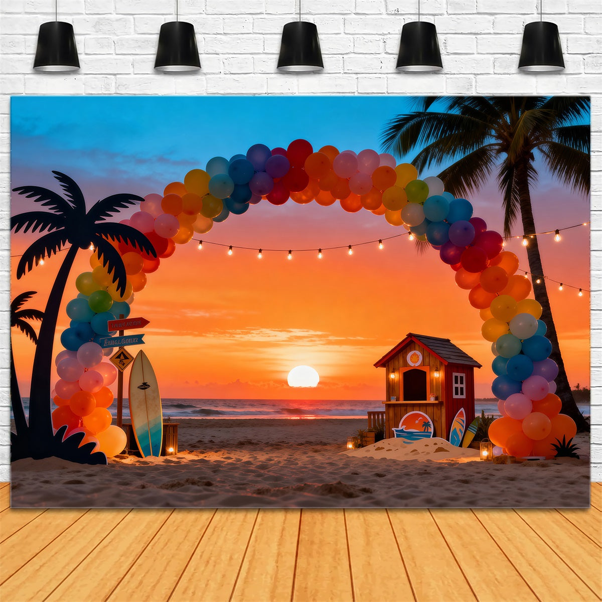 Beach Sunset Backdrop Balloon Arch Palm Trees Summer Theme Backdrop UK RR61-8