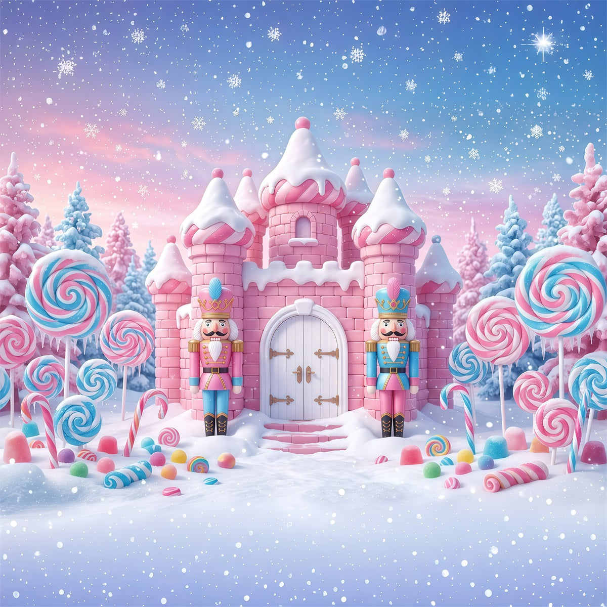 Nutcracker Land Of Sweets Backdrop Pink Candy Castle Nutcracker Snow Scene Backdrop UK RR610-10